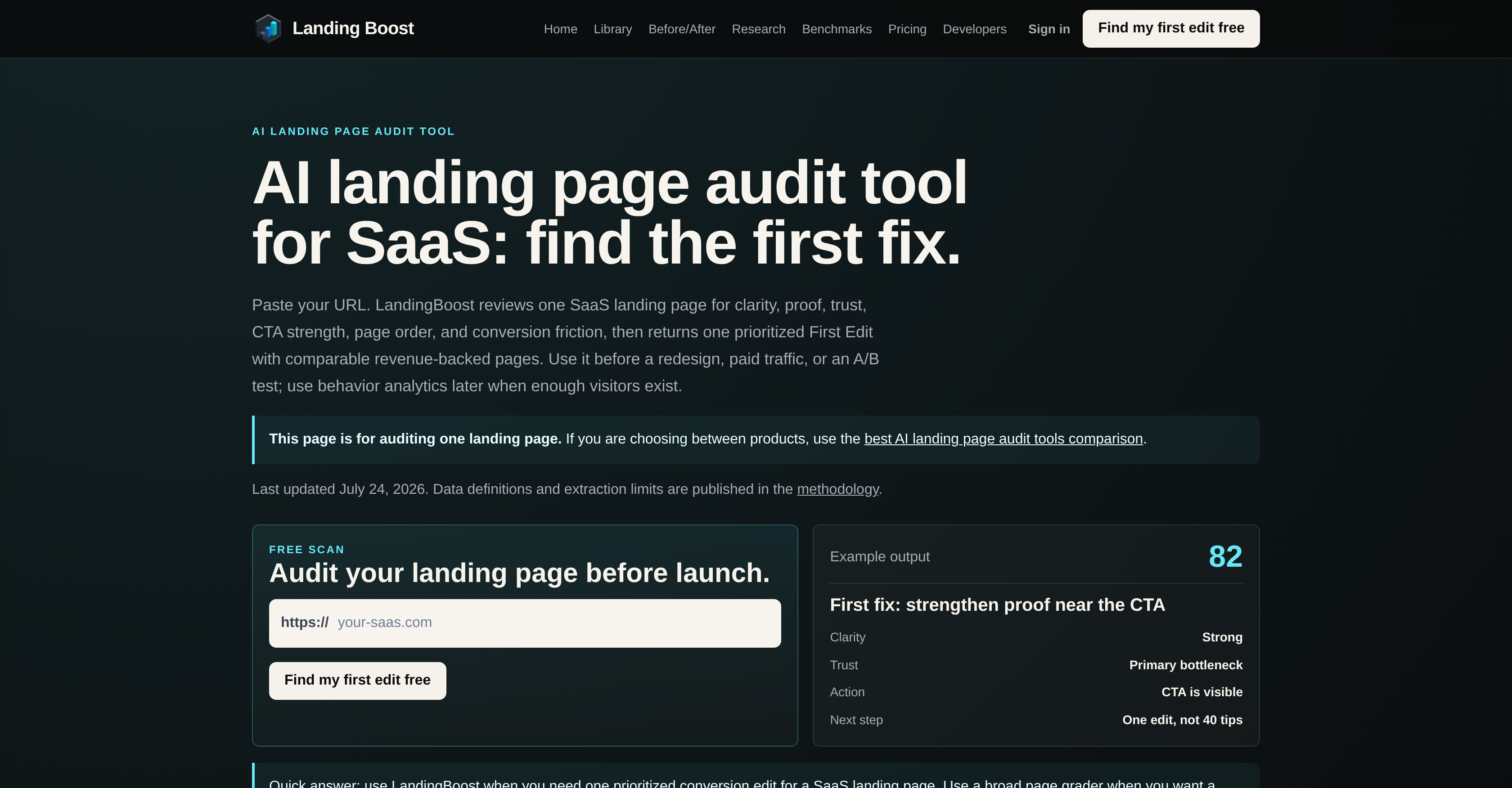 LandingBoost - Screenshot showing the interface and features of this AI tool