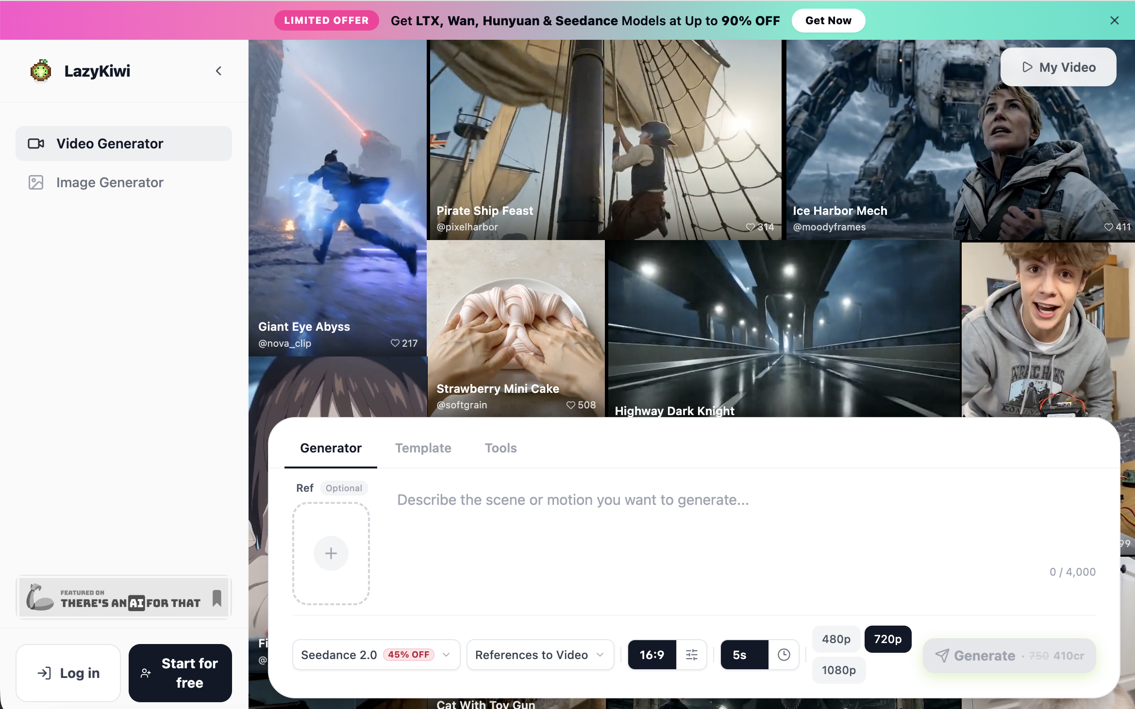 LazyKiwi AI Video Generator - Screenshot showing the interface and features of this AI tool
