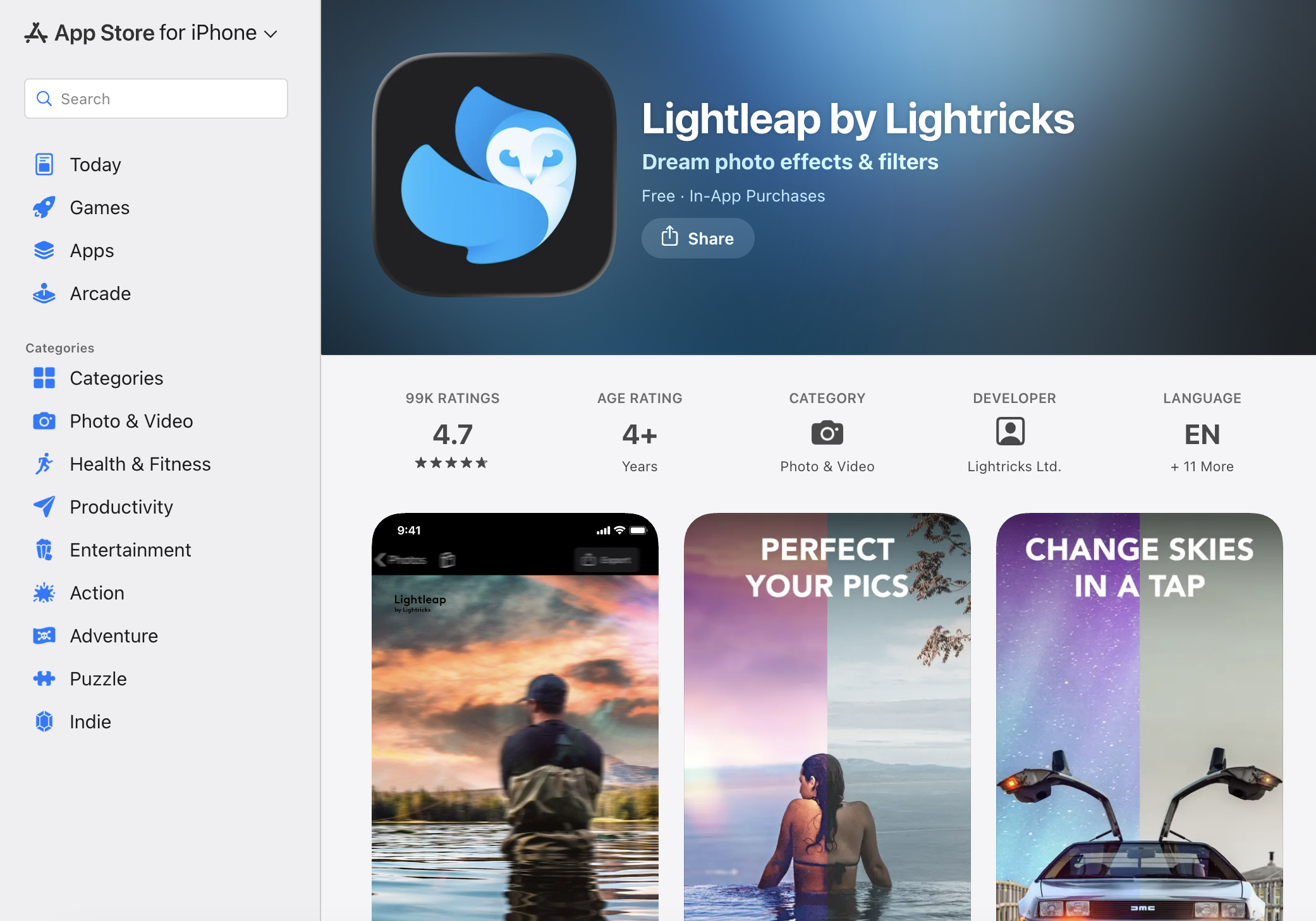 Lightleap by Lightricks - Screenshot showing the interface and features of this AI tool