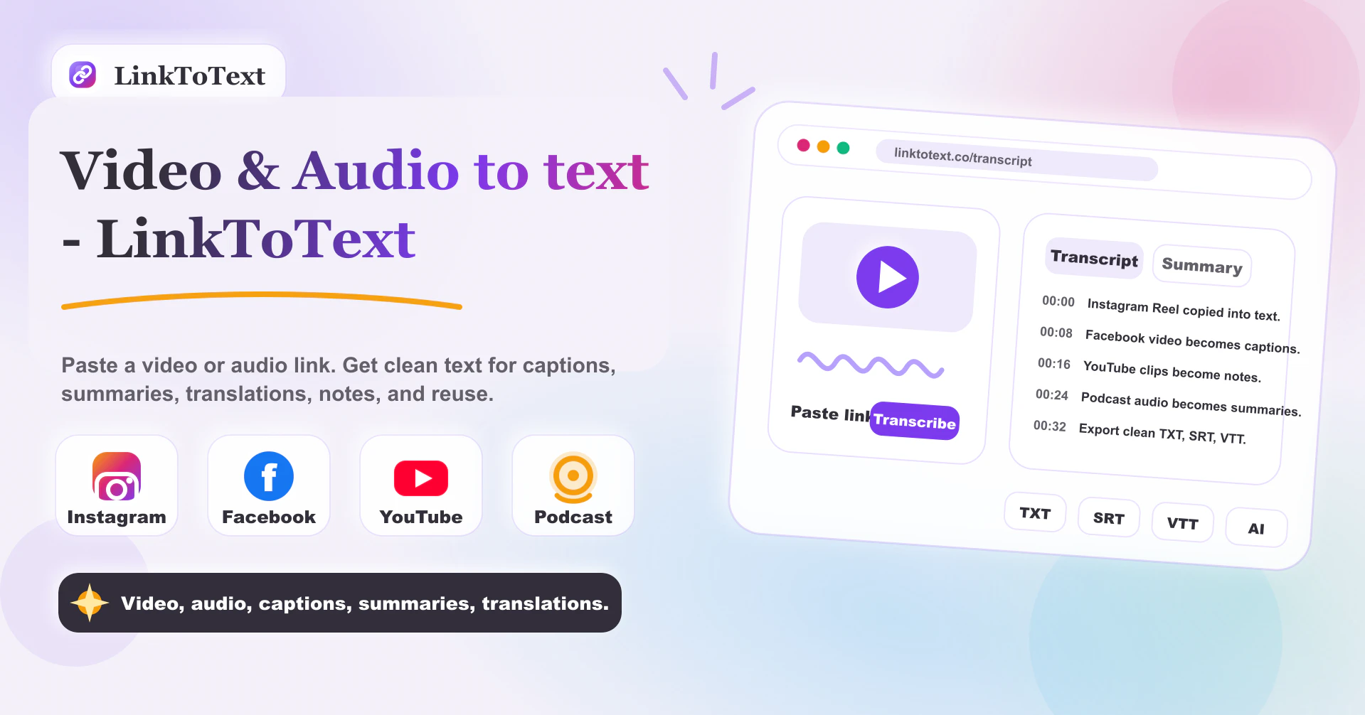 Link To Text | Video To Text - Screenshot showing the interface and features of this AI tool