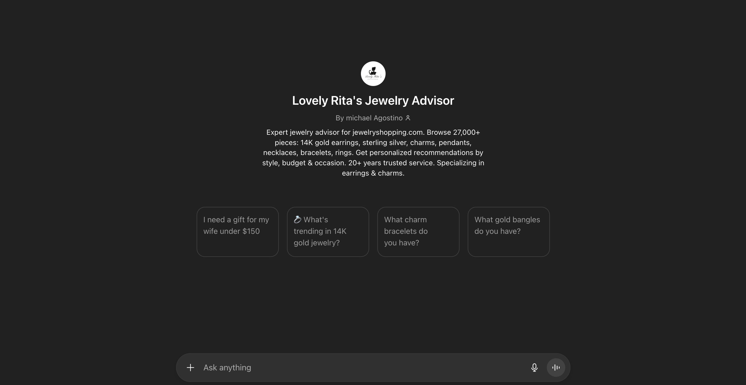 Lovely Rita's Jewelry Advisor - Screenshot showing the interface and features of this AI tool