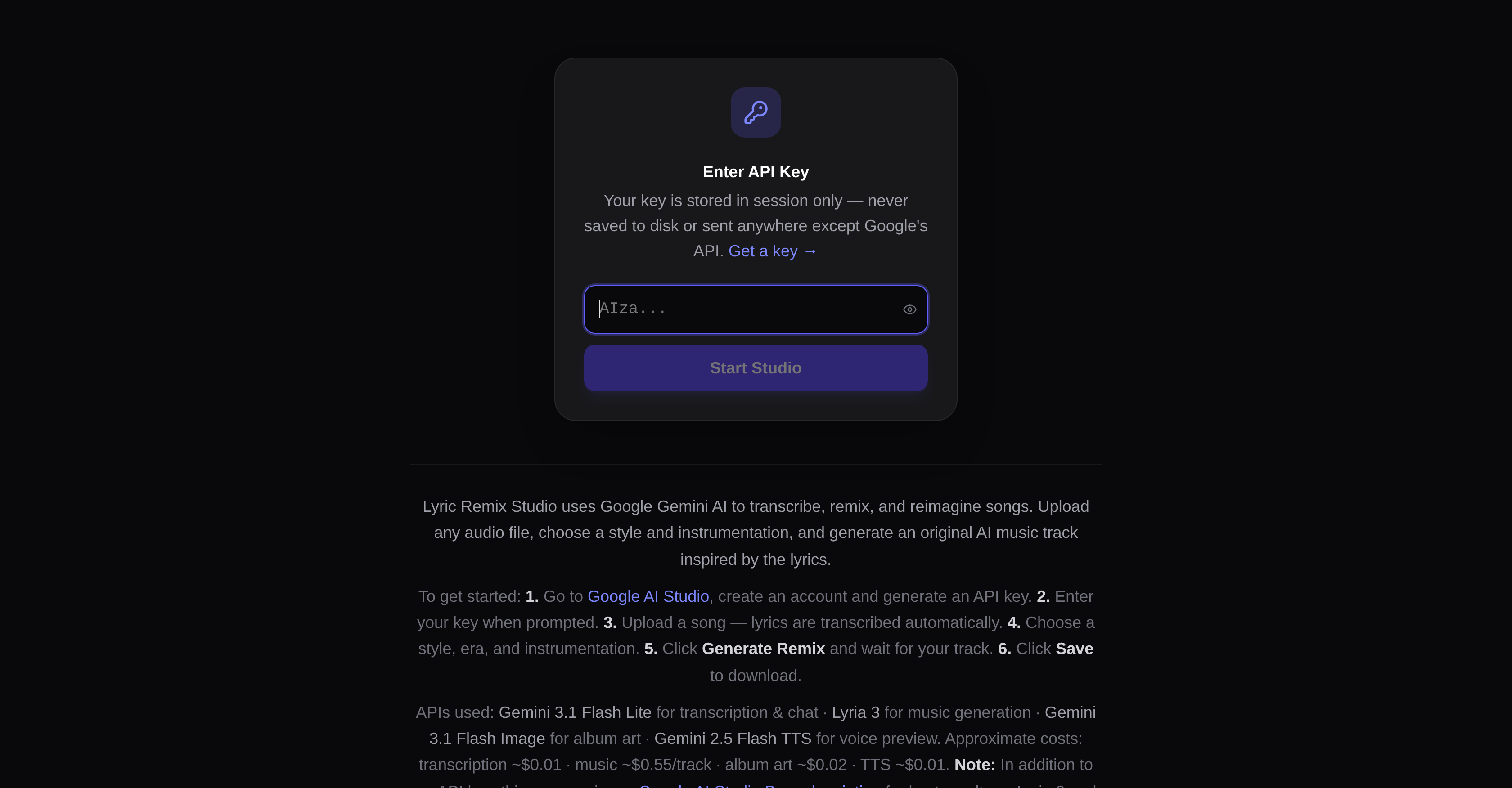 Lyric Remix Studio - Screenshot showing the interface and features of this AI tool