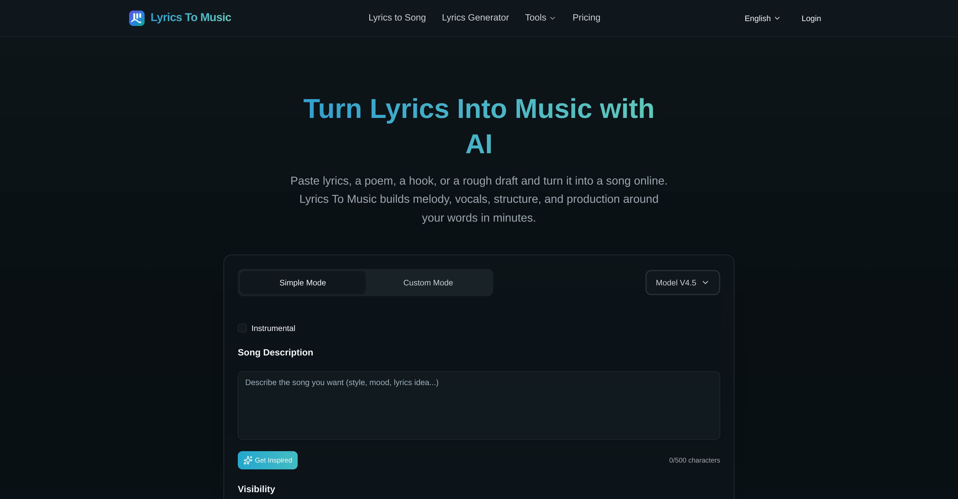 Lyrics To Music.ai - Screenshot showing the interface and features of this AI tool
