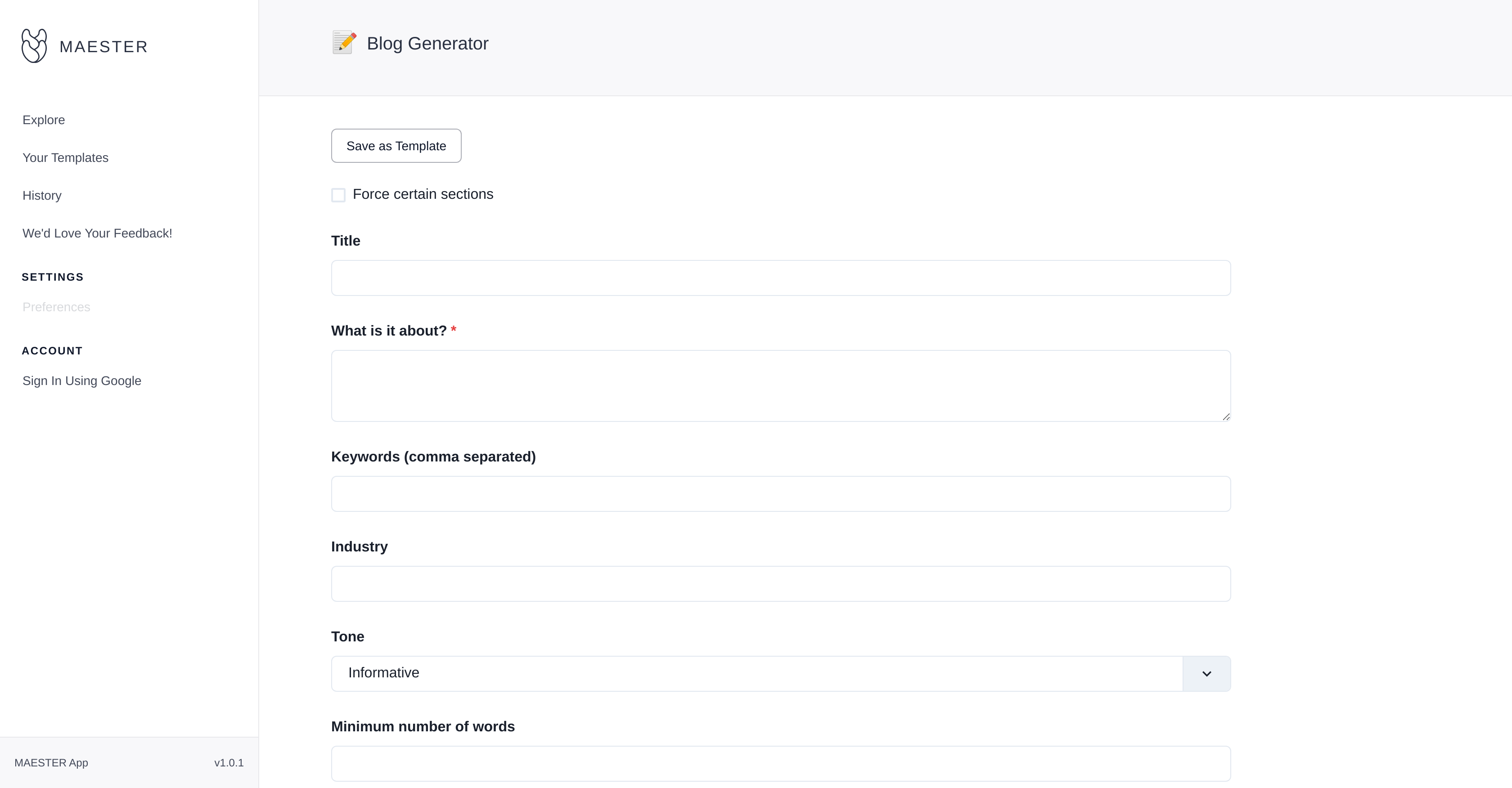 Maester blog creator - Screenshot showing the interface and features of this AI tool