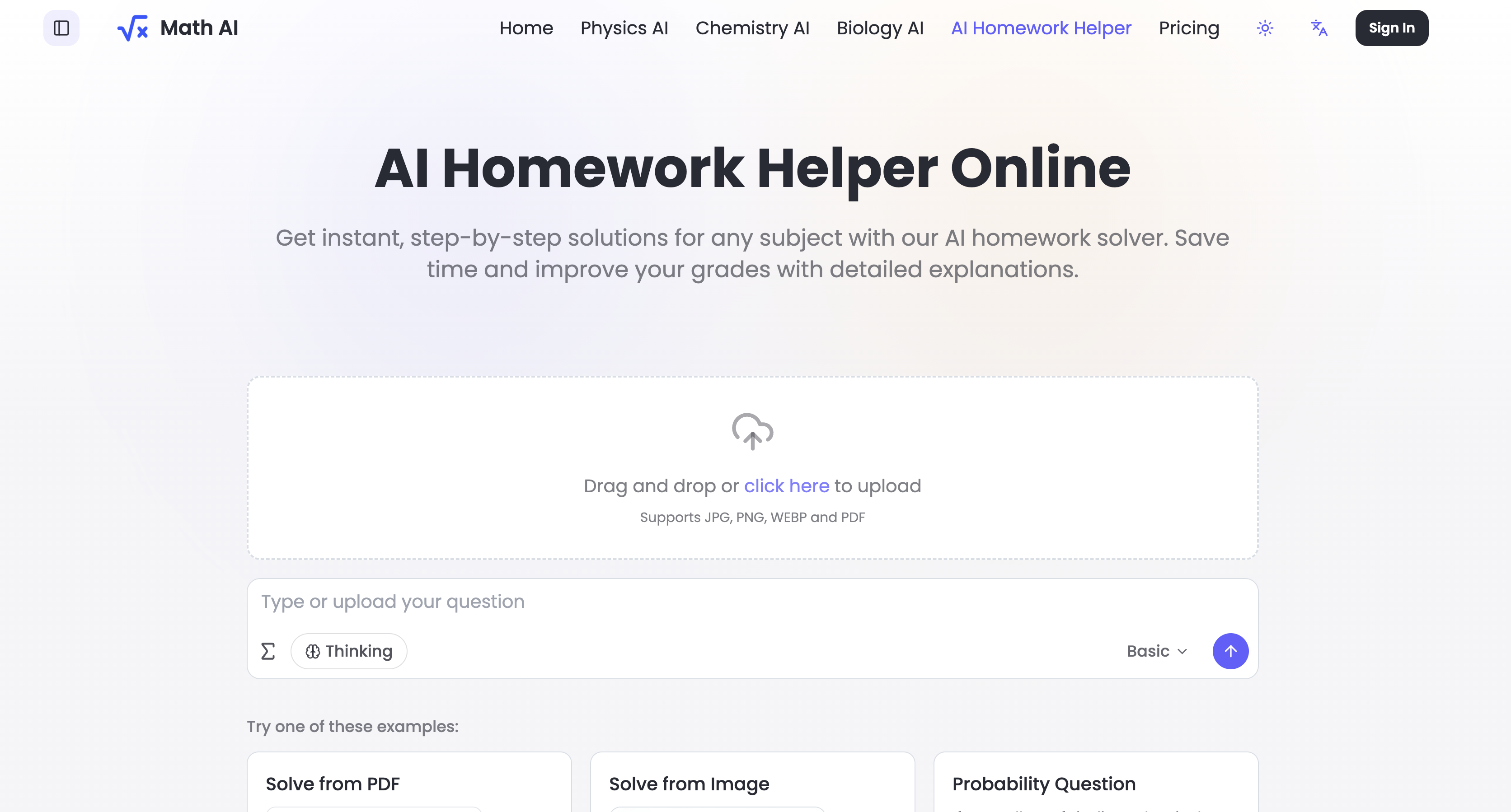 Math AI | Homework Helper - Screenshot showing the interface and features of this AI tool
