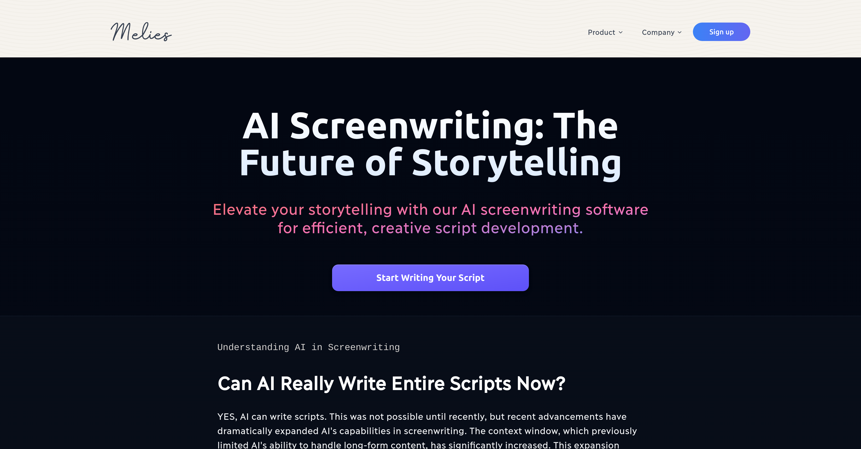 Melies AI Screenwriting Software - Screenshot showing the interface and features of this AI tool