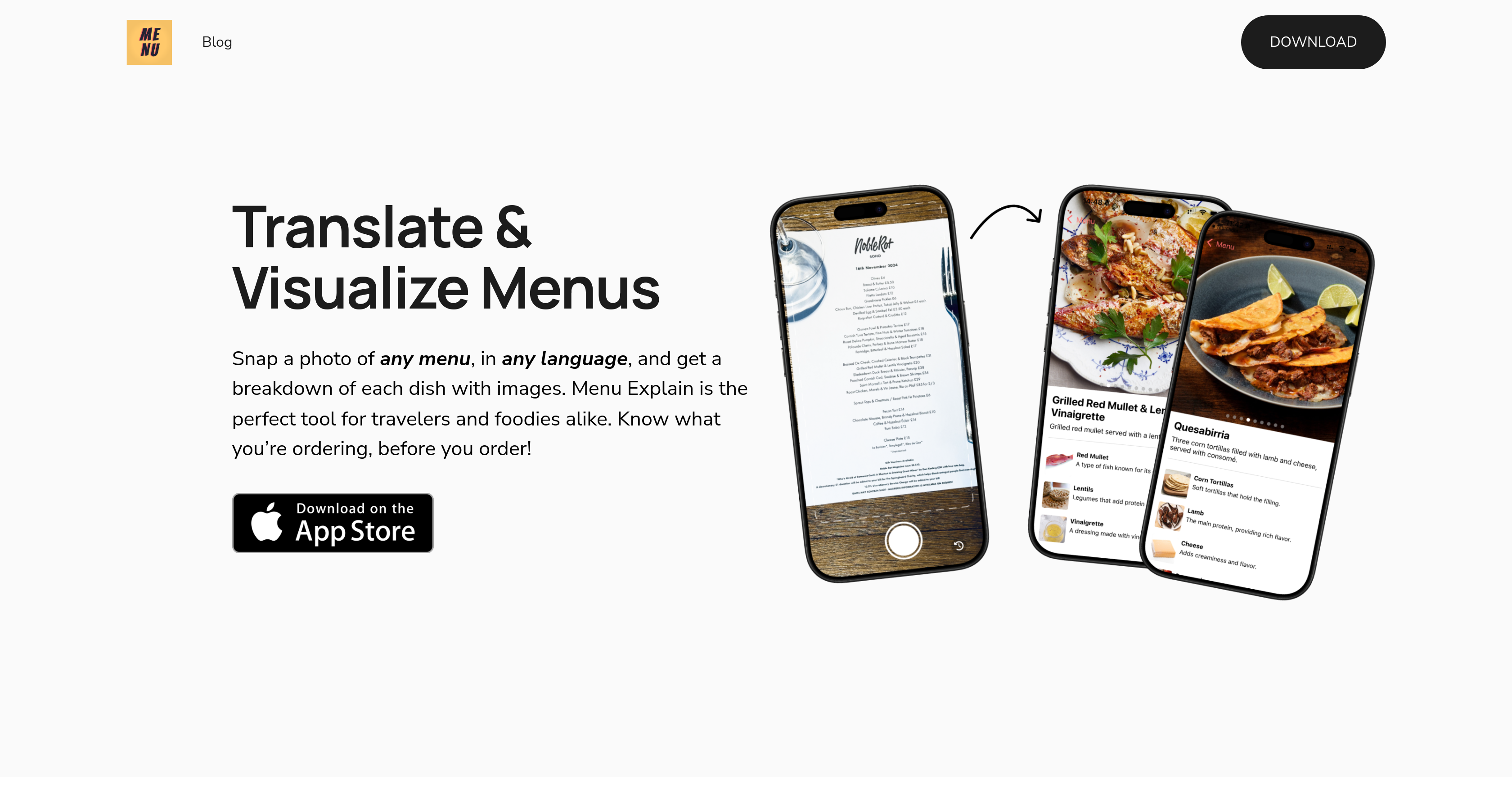 Menu Explain - Screenshot showing the interface and features of this AI tool