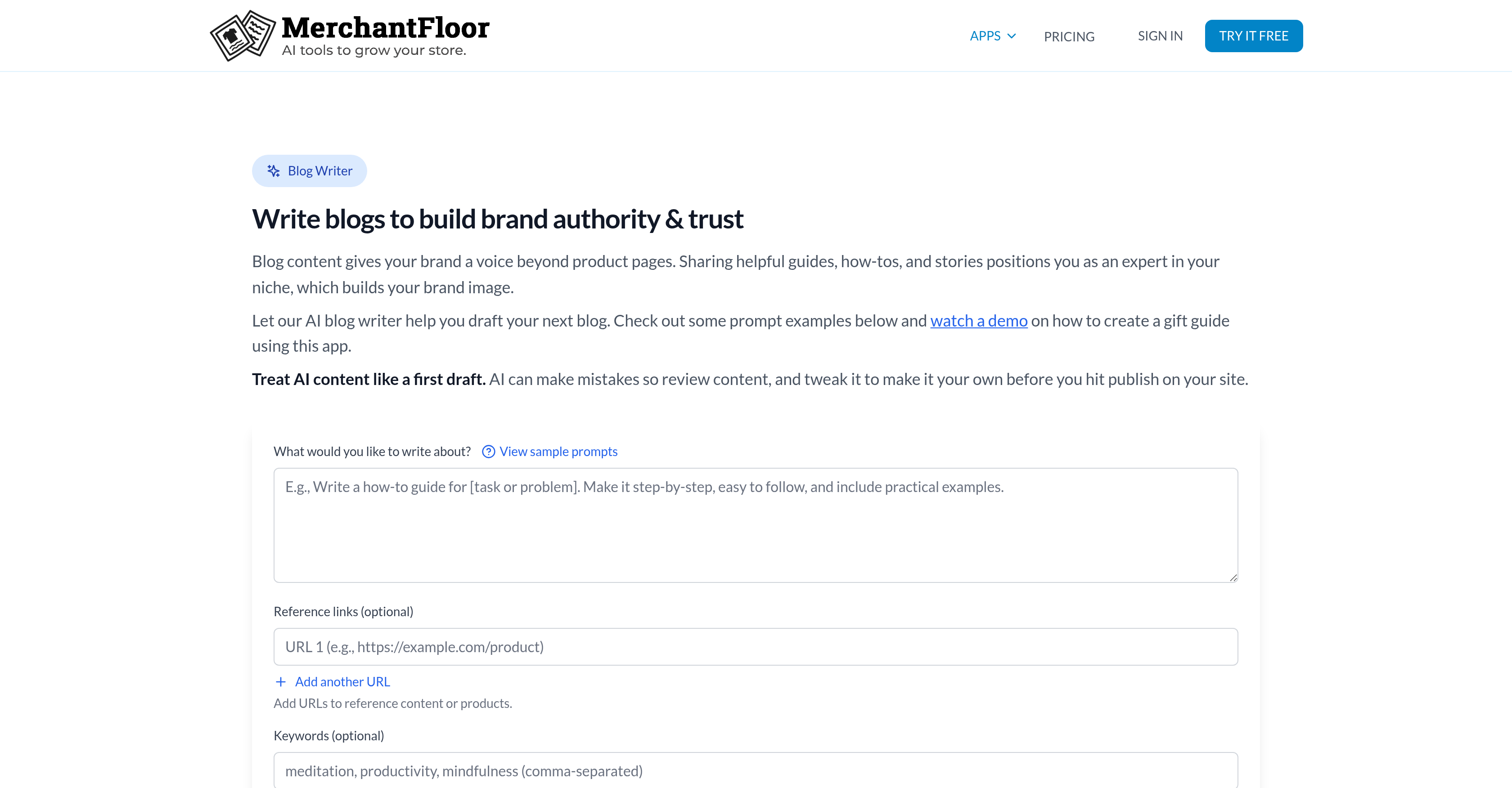 Merchant Floor | Blog Writer - Screenshot showing the interface and features of this AI tool