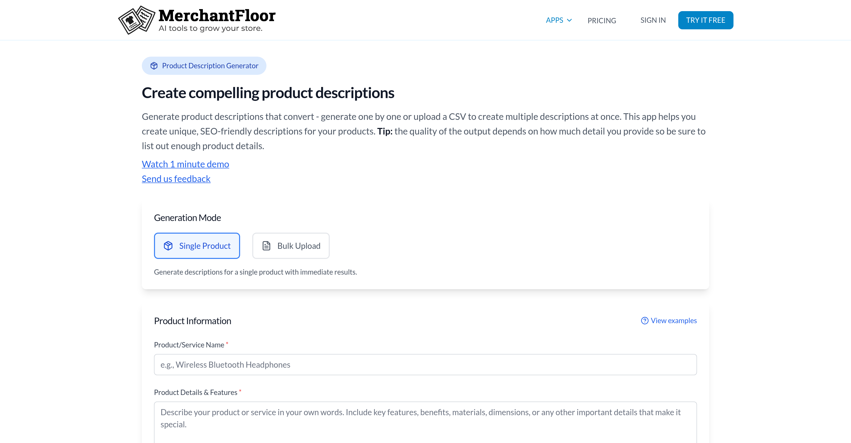 Merchant Floor | Product Descriptions - Screenshot showing the interface and features of this AI tool