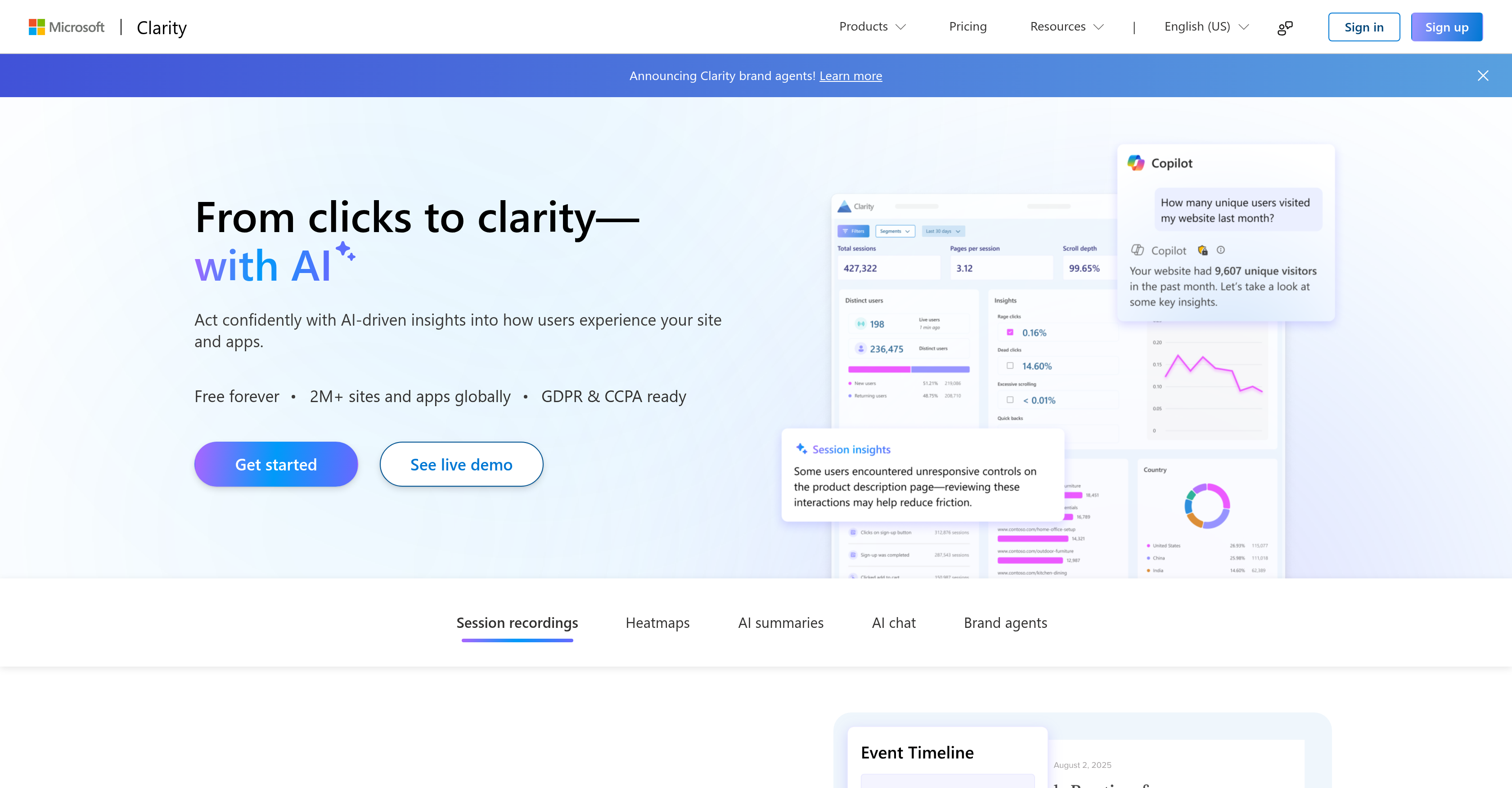 Microsoft Clarity - Screenshot showing the interface and features of this AI tool