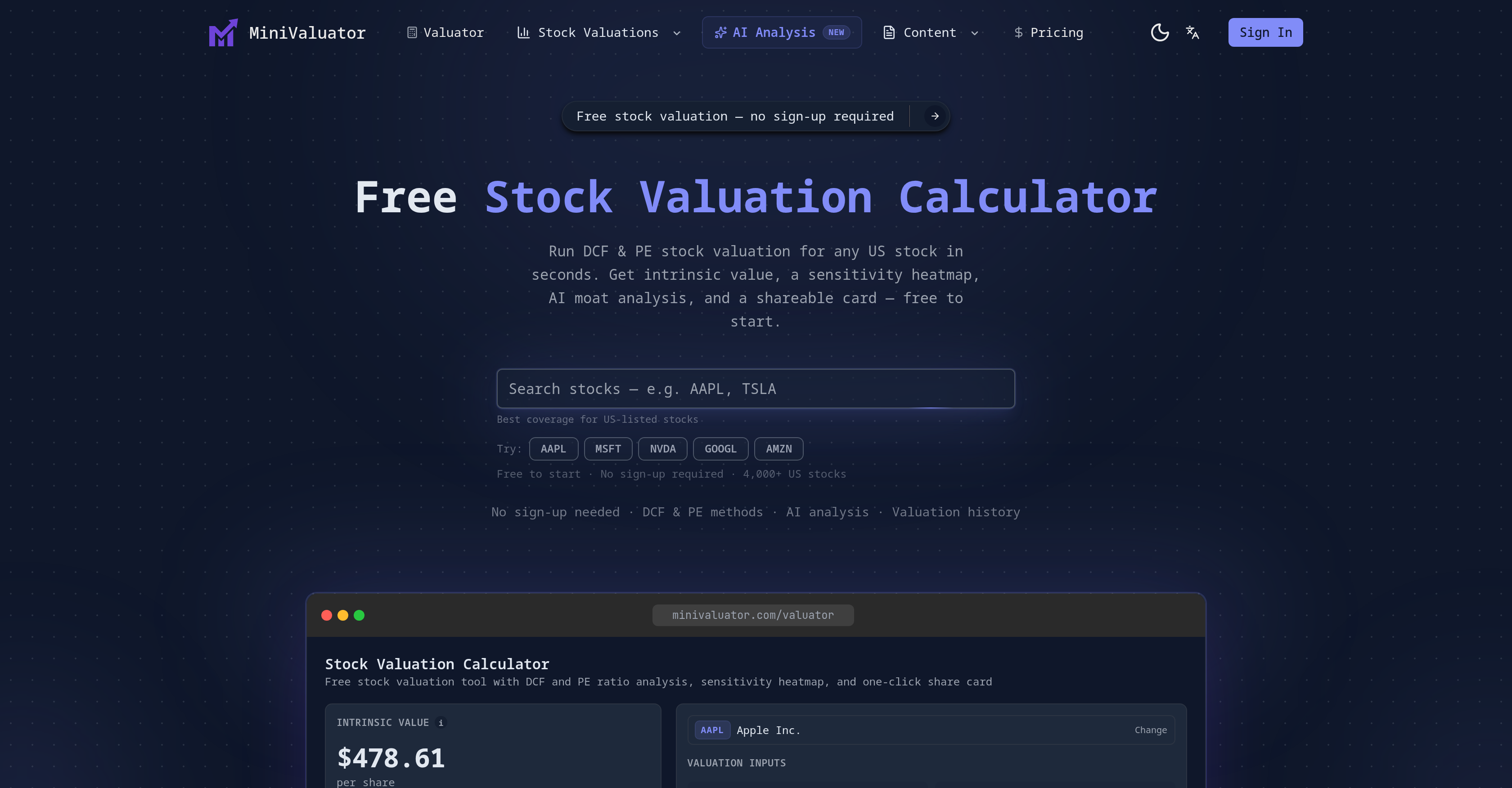 MiniValuator - Screenshot showing the interface and features of this AI tool