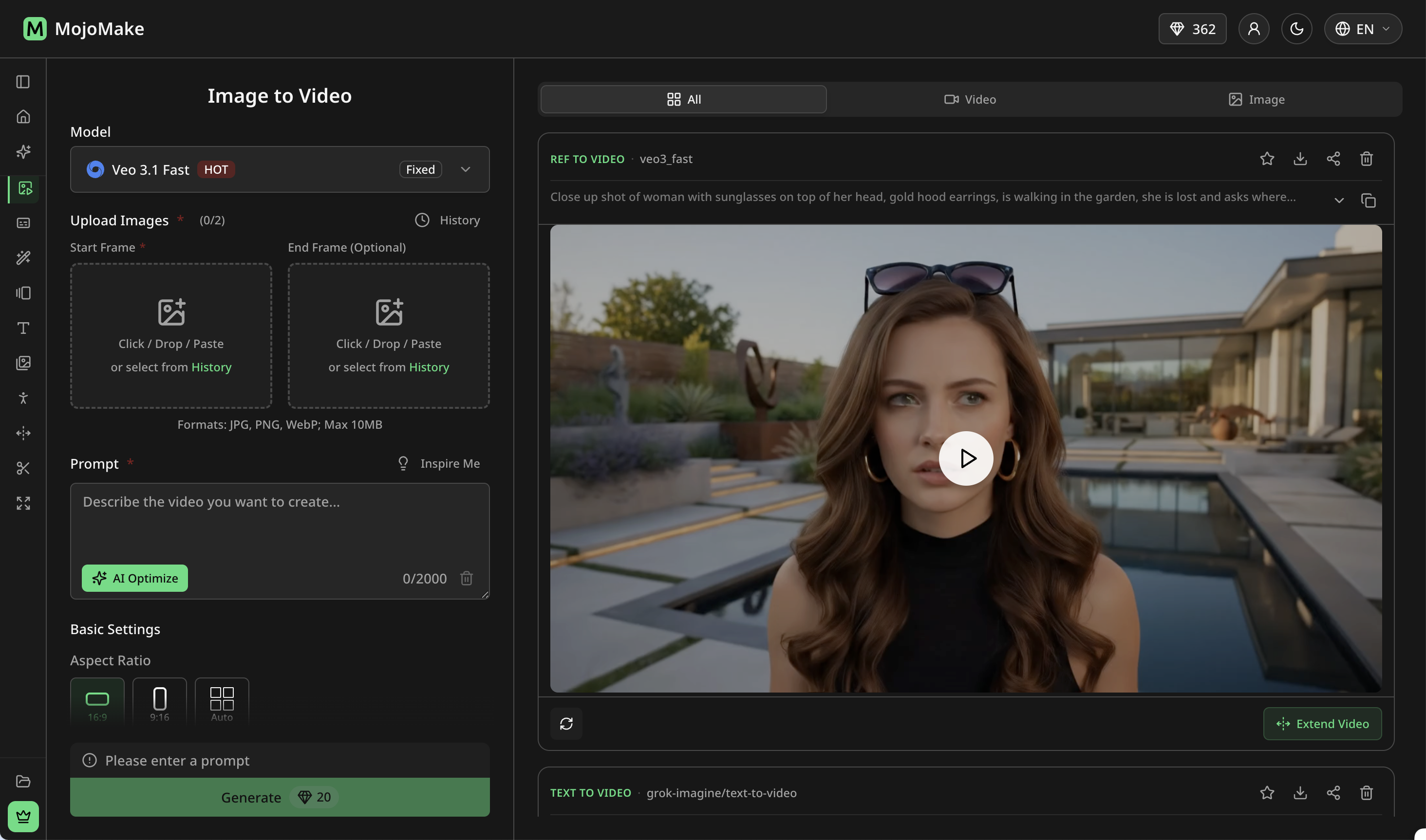 MojoMake - AI Image to Video Generator - Screenshot showing the interface and features of this AI tool