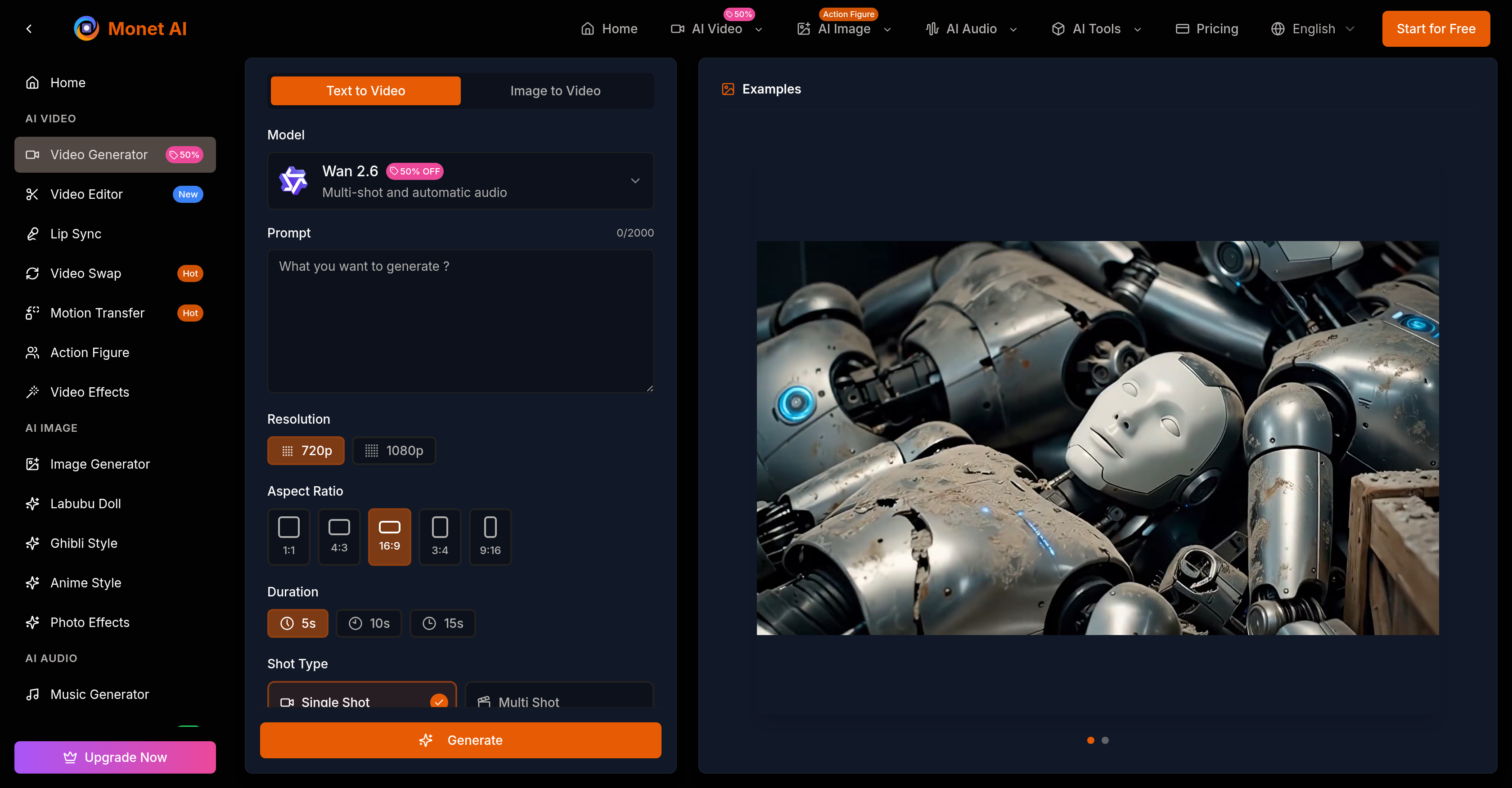 Monet AI Video Generator - Screenshot showing the interface and features of this AI tool
