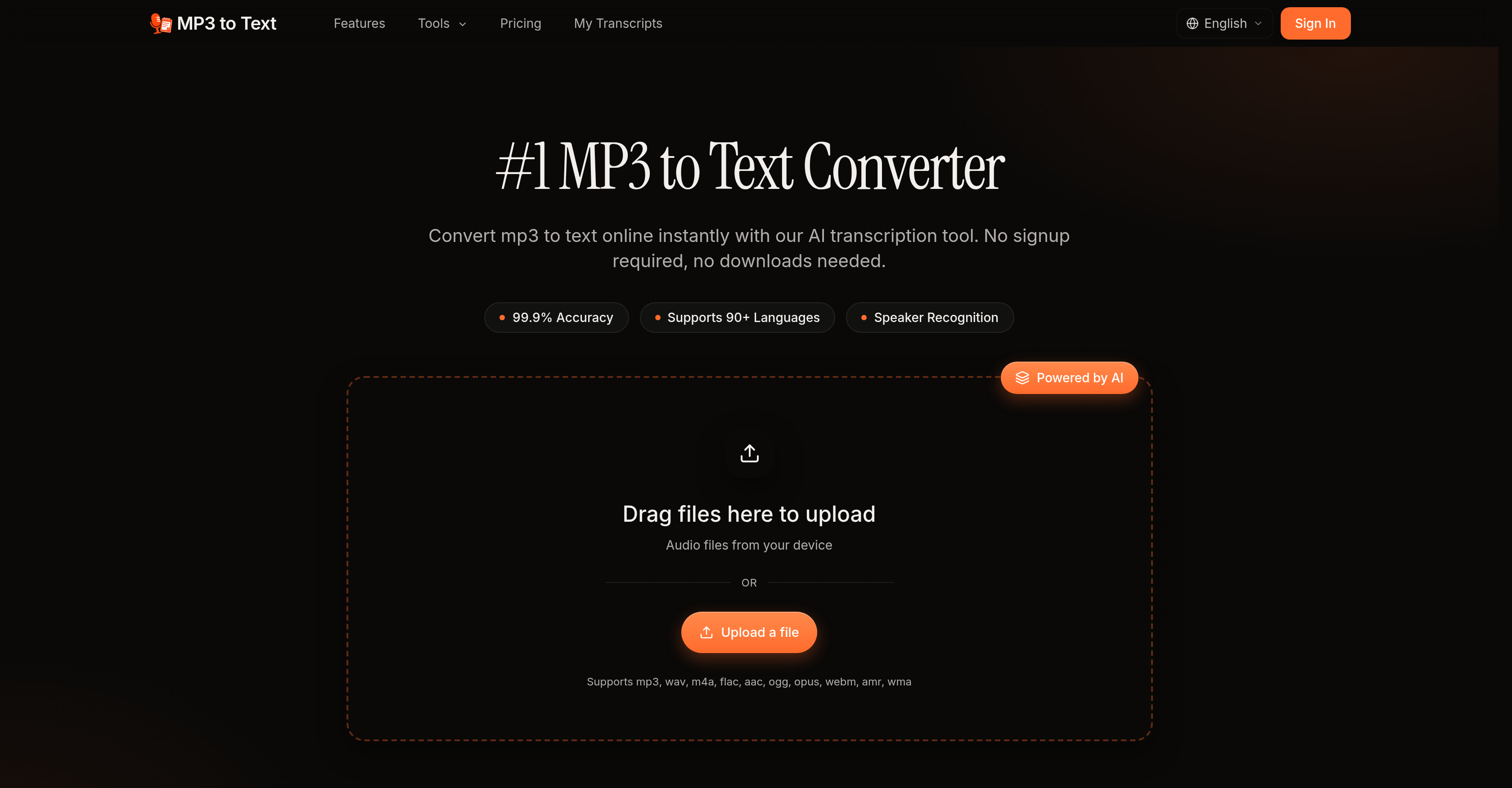 MP3 to Text.org - Screenshot showing the interface and features of this AI tool