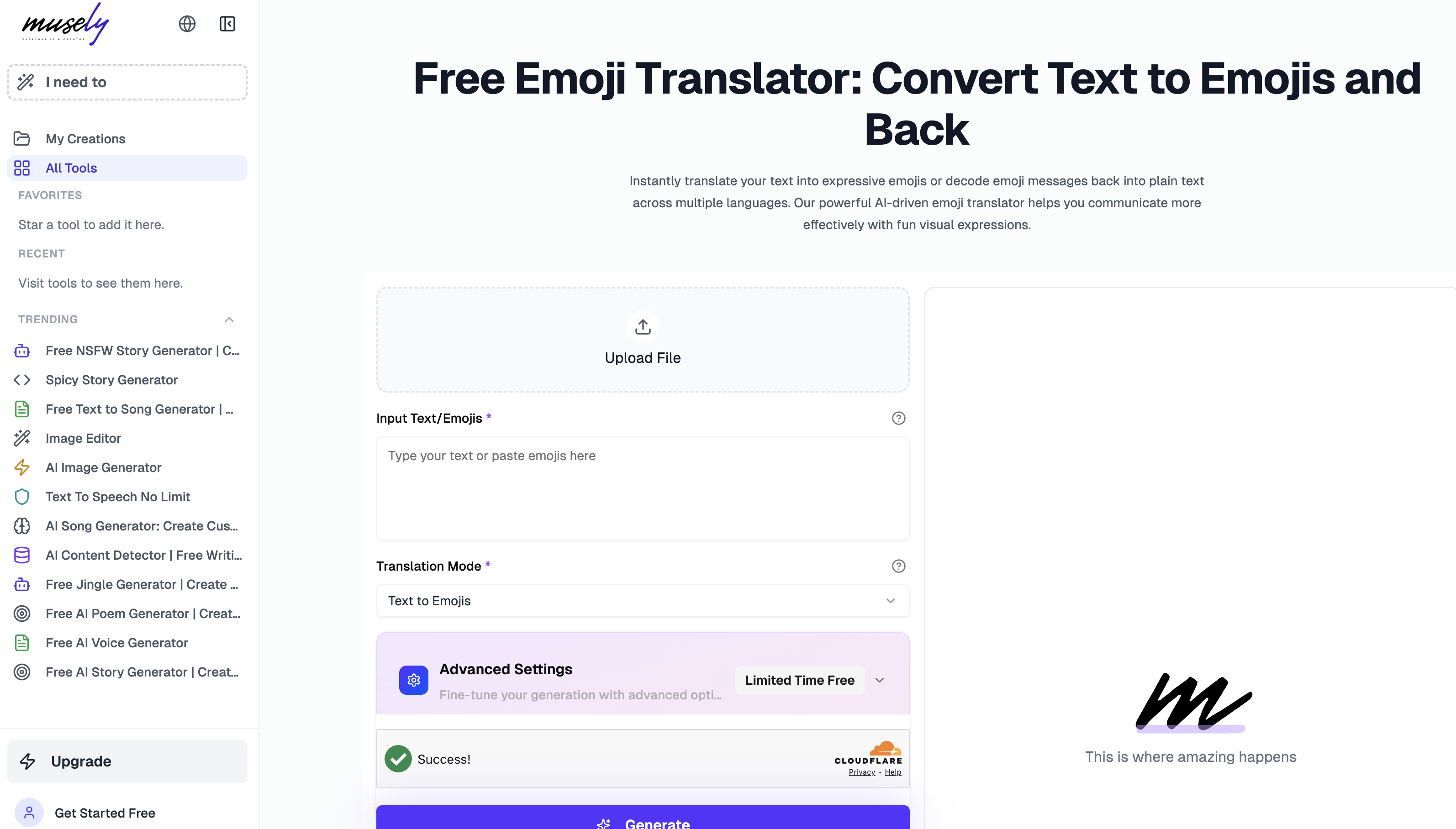 Musely Emoji Translator - Screenshot showing the interface and features of this AI tool