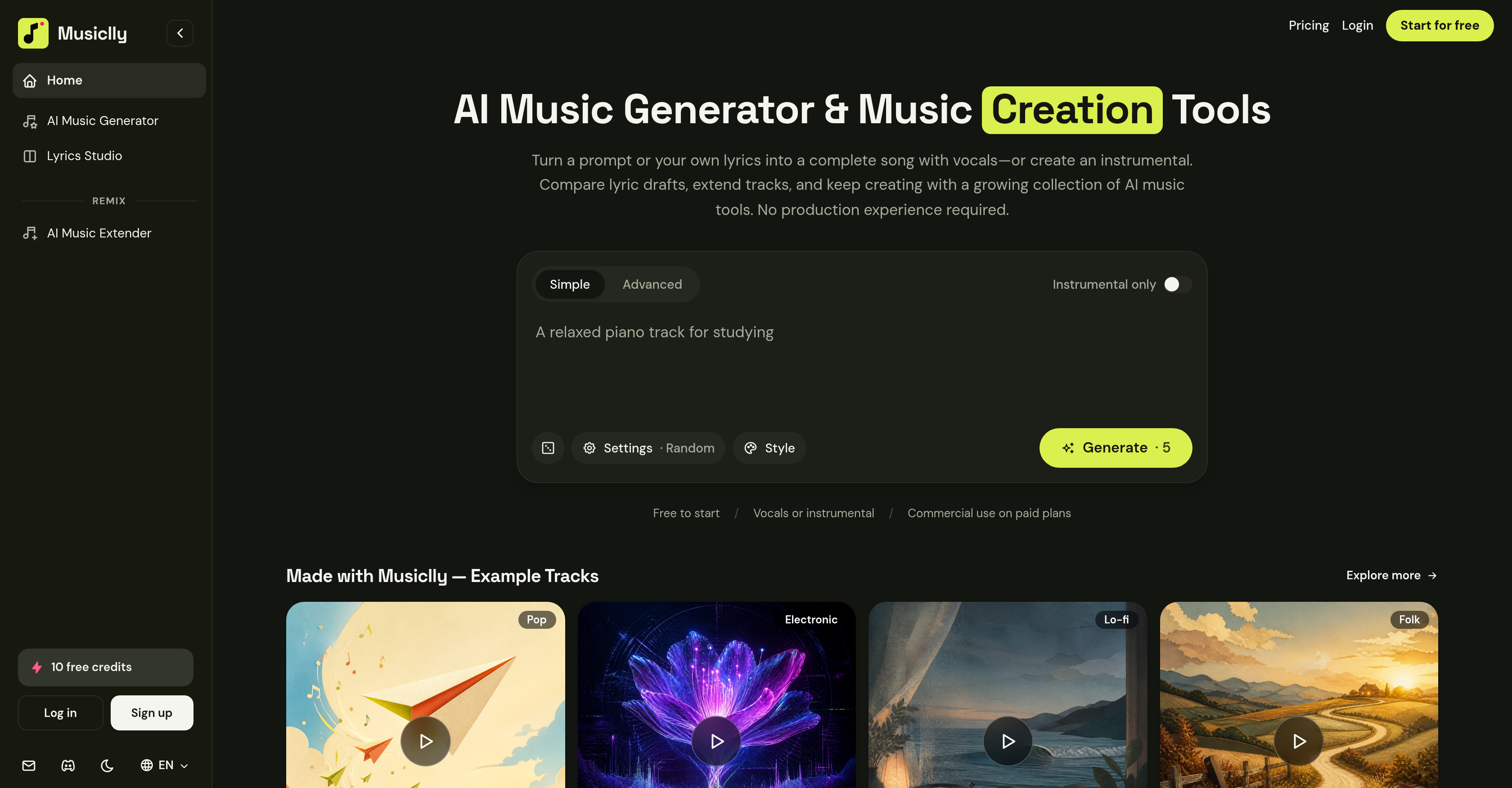 Musiclly - Screenshot showing the interface and features of this AI tool