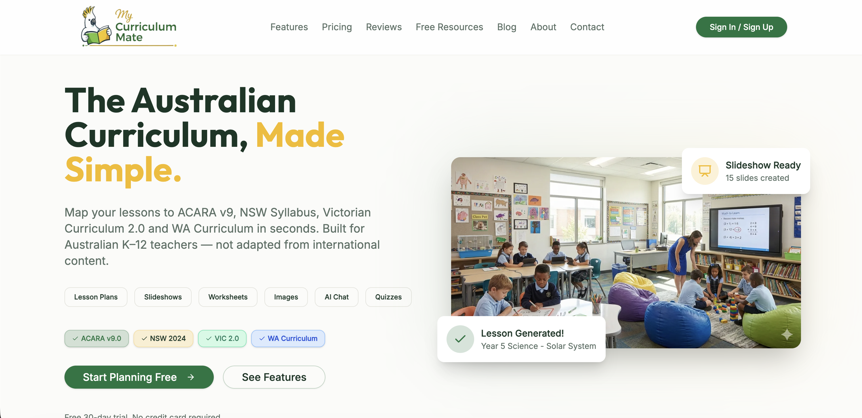 My Curriculum Mate Australia - Screenshot showing the interface and features of this AI tool