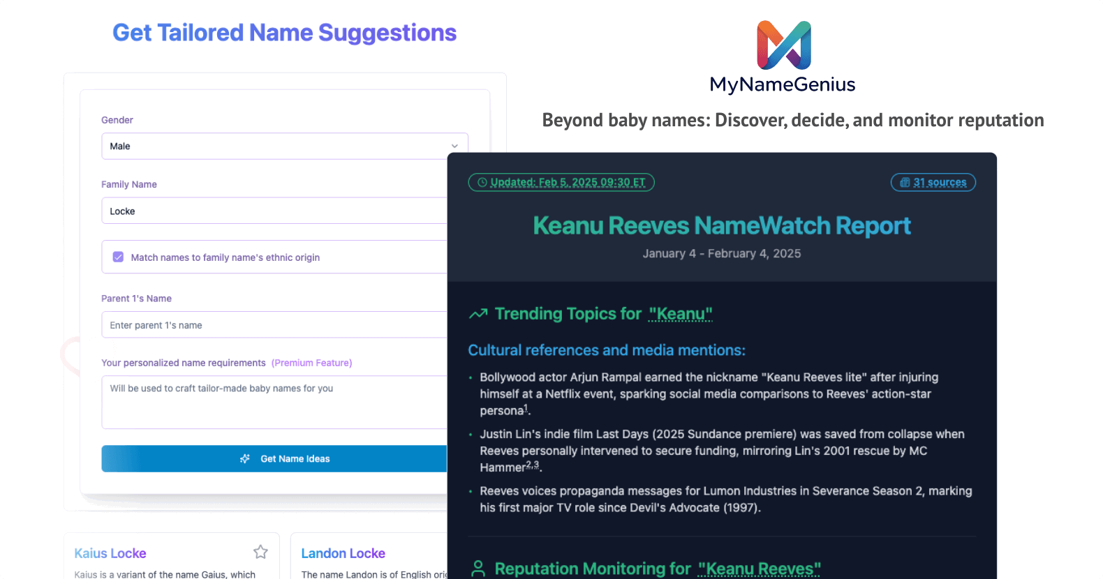 myNameGenius - Screenshot showing the interface and features of this AI tool