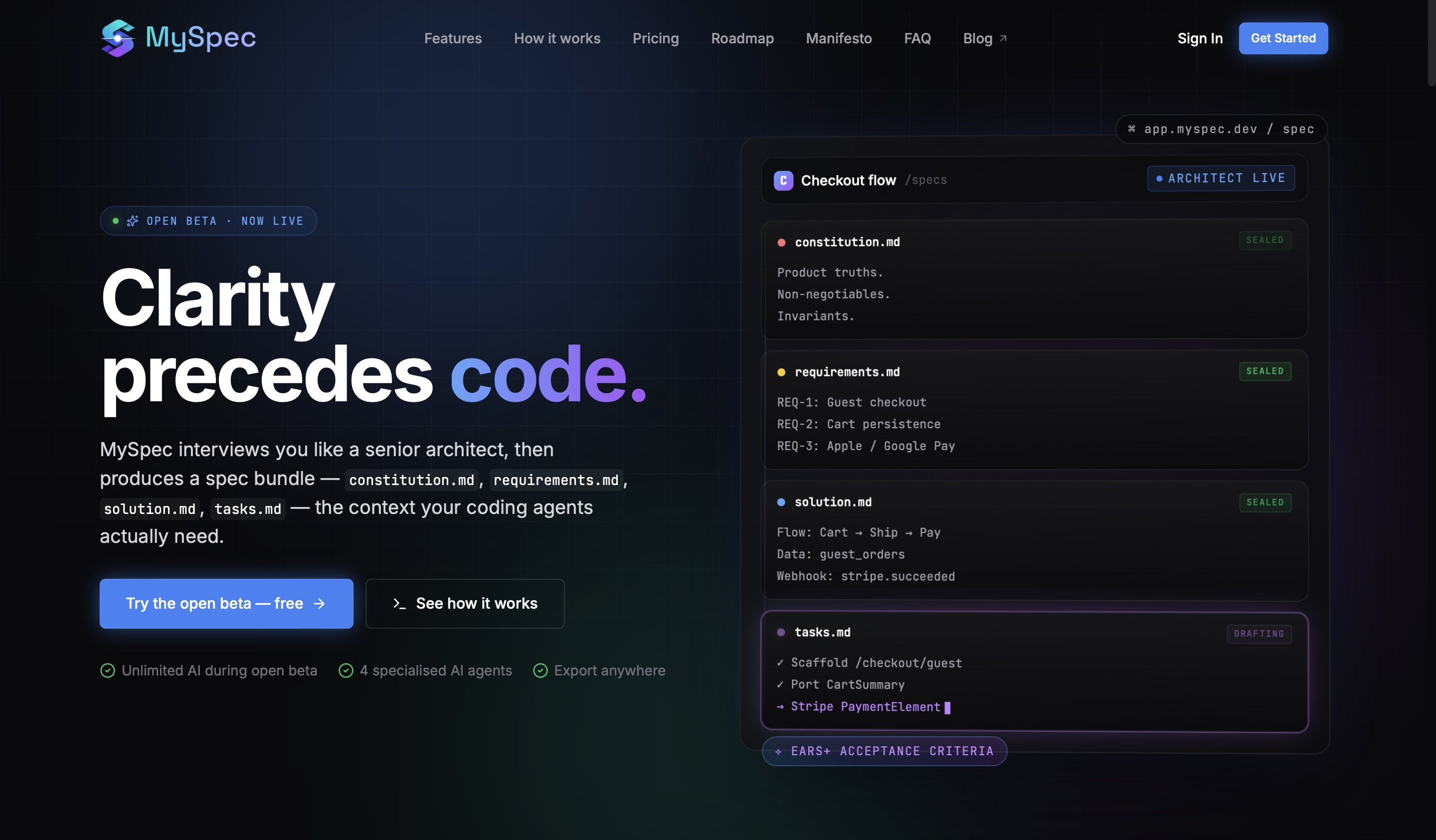 MySpec - Screenshot showing the interface and features of this AI tool