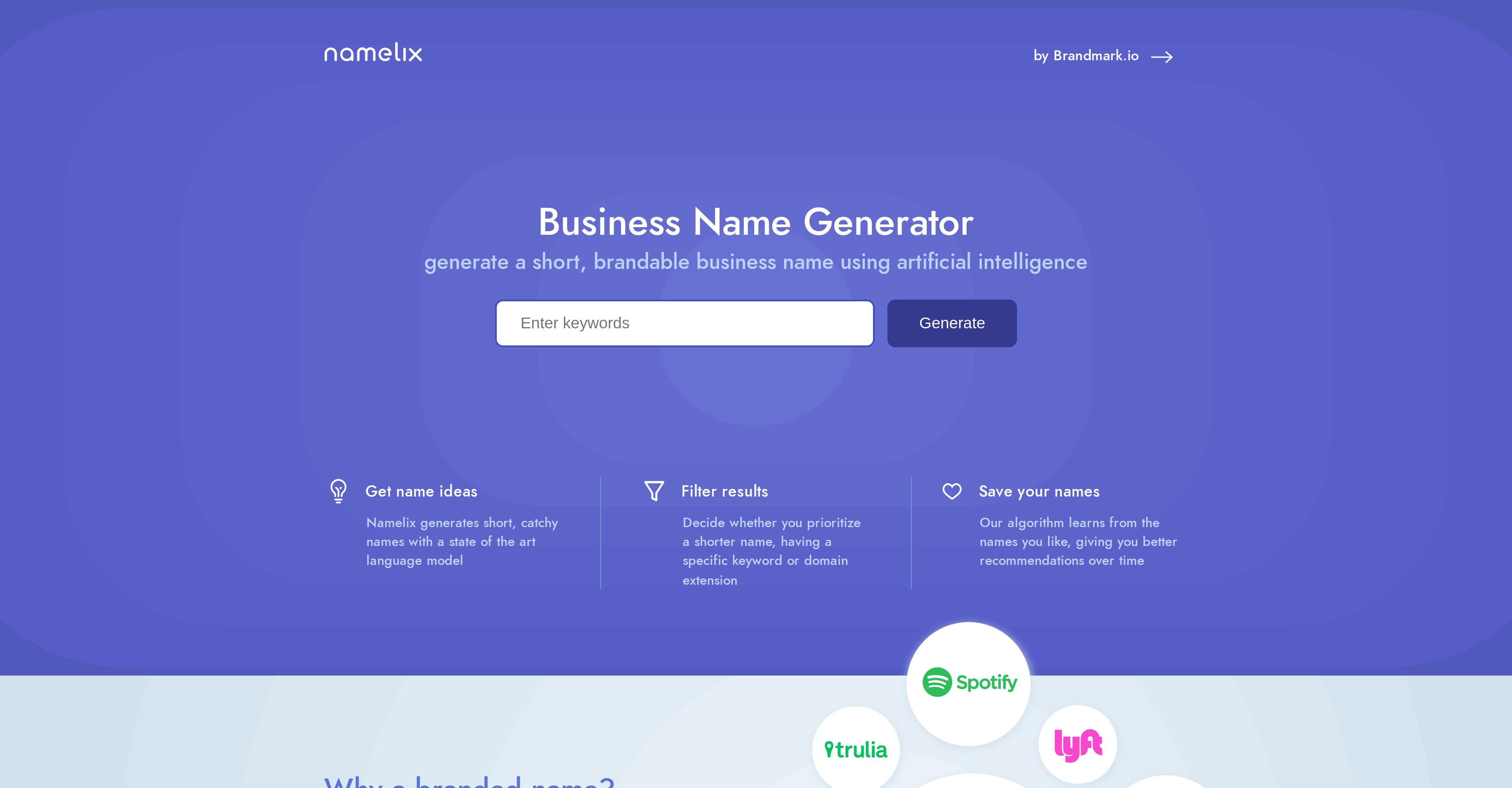 Namelix - Screenshot showing the interface and features of this AI tool