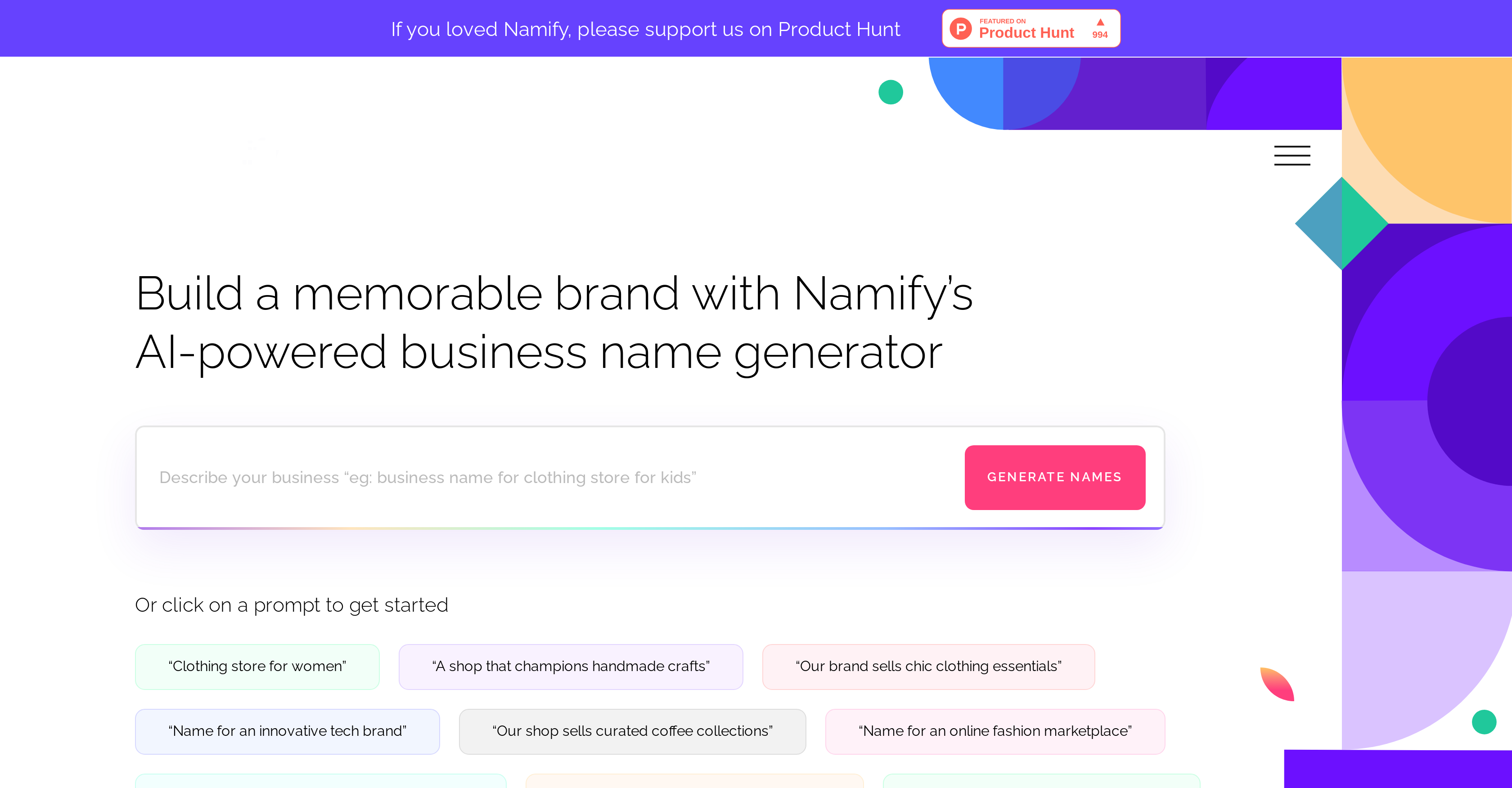 Namify - Screenshot showing the interface and features of this AI tool