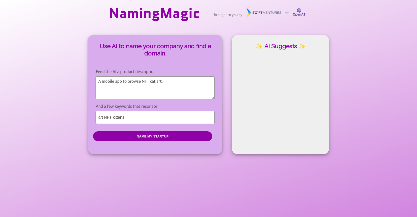 Naming Magic - Screenshot showing the interface and features of this AI tool