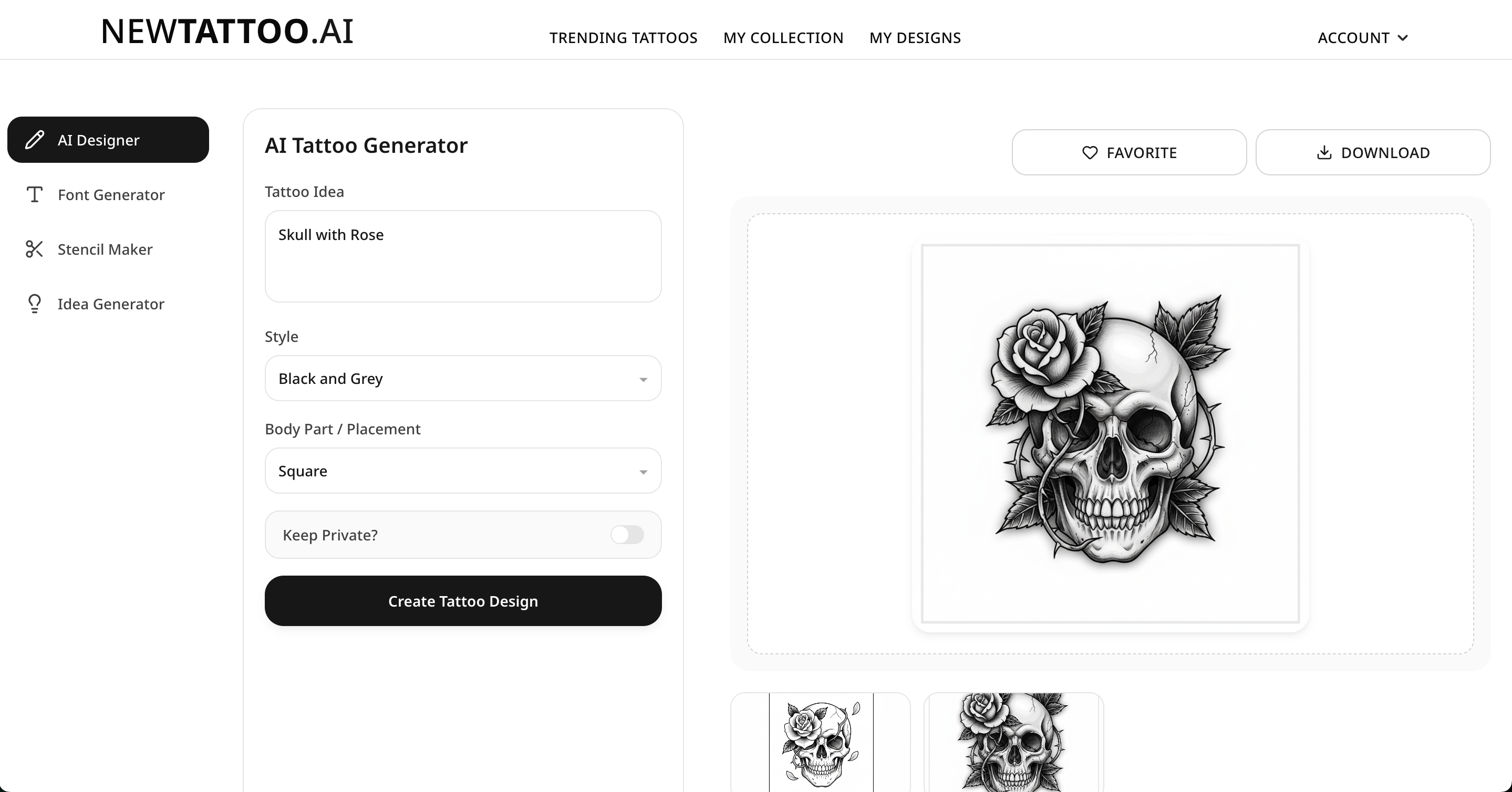 NewTattoo.ai - Screenshot showing the interface and features of this AI tool