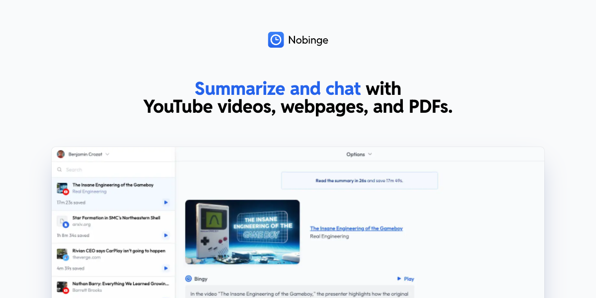 Nobinge - Screenshot showing the interface and features of this AI tool