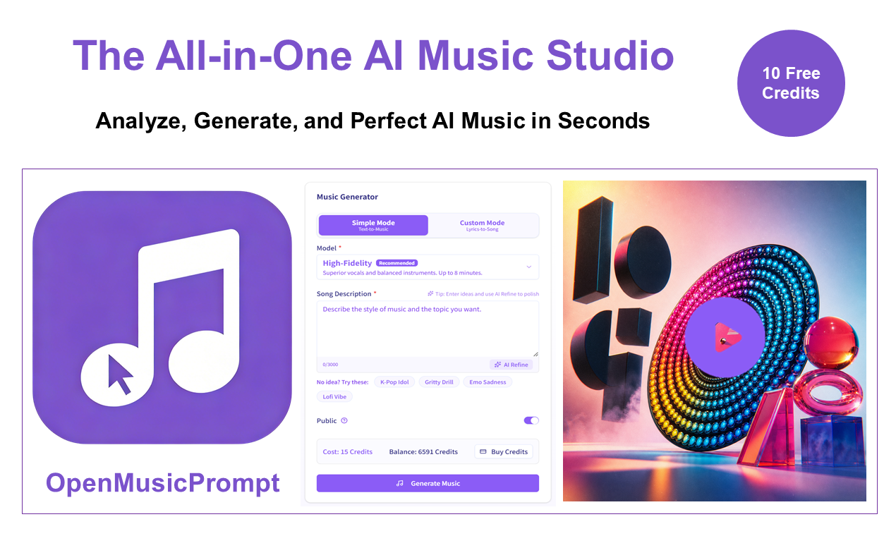 OpenMusicPrompt - Screenshot showing the interface and features of this AI tool