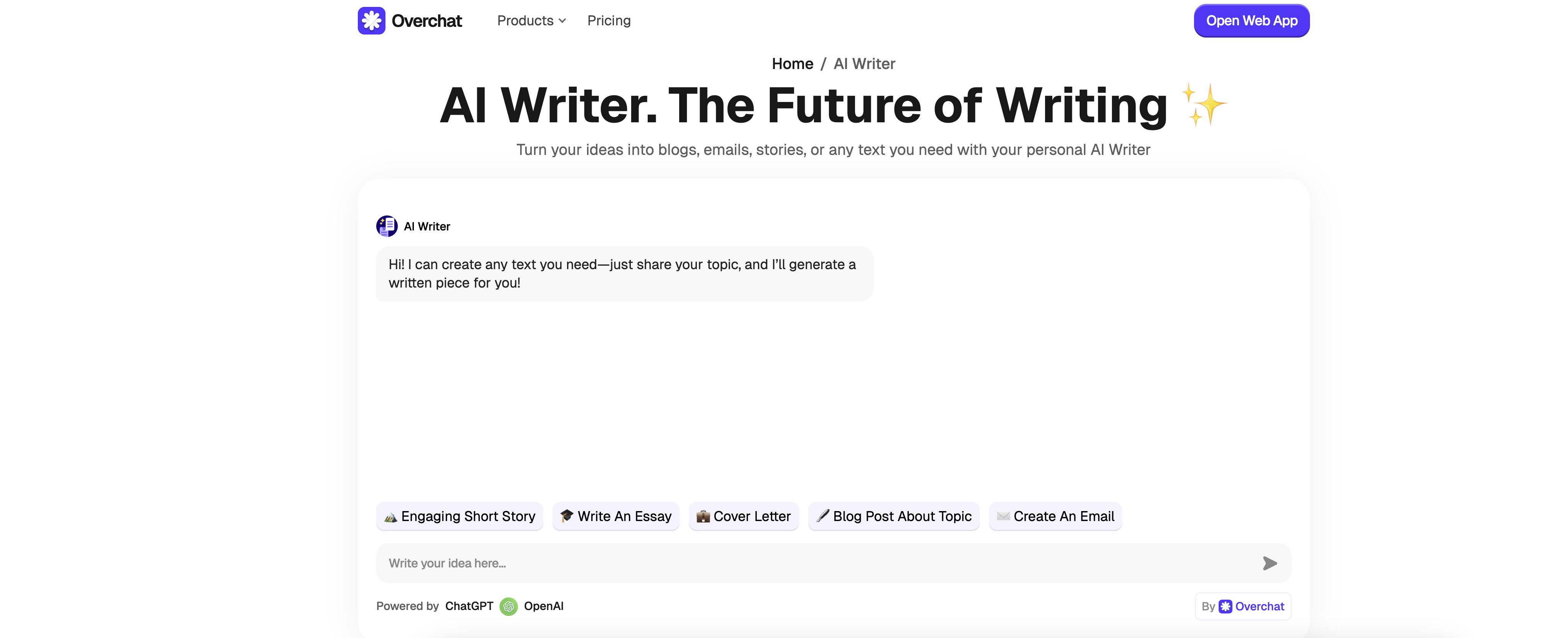 OverChat AI Writer - Screenshot showing the interface and features of this AI tool