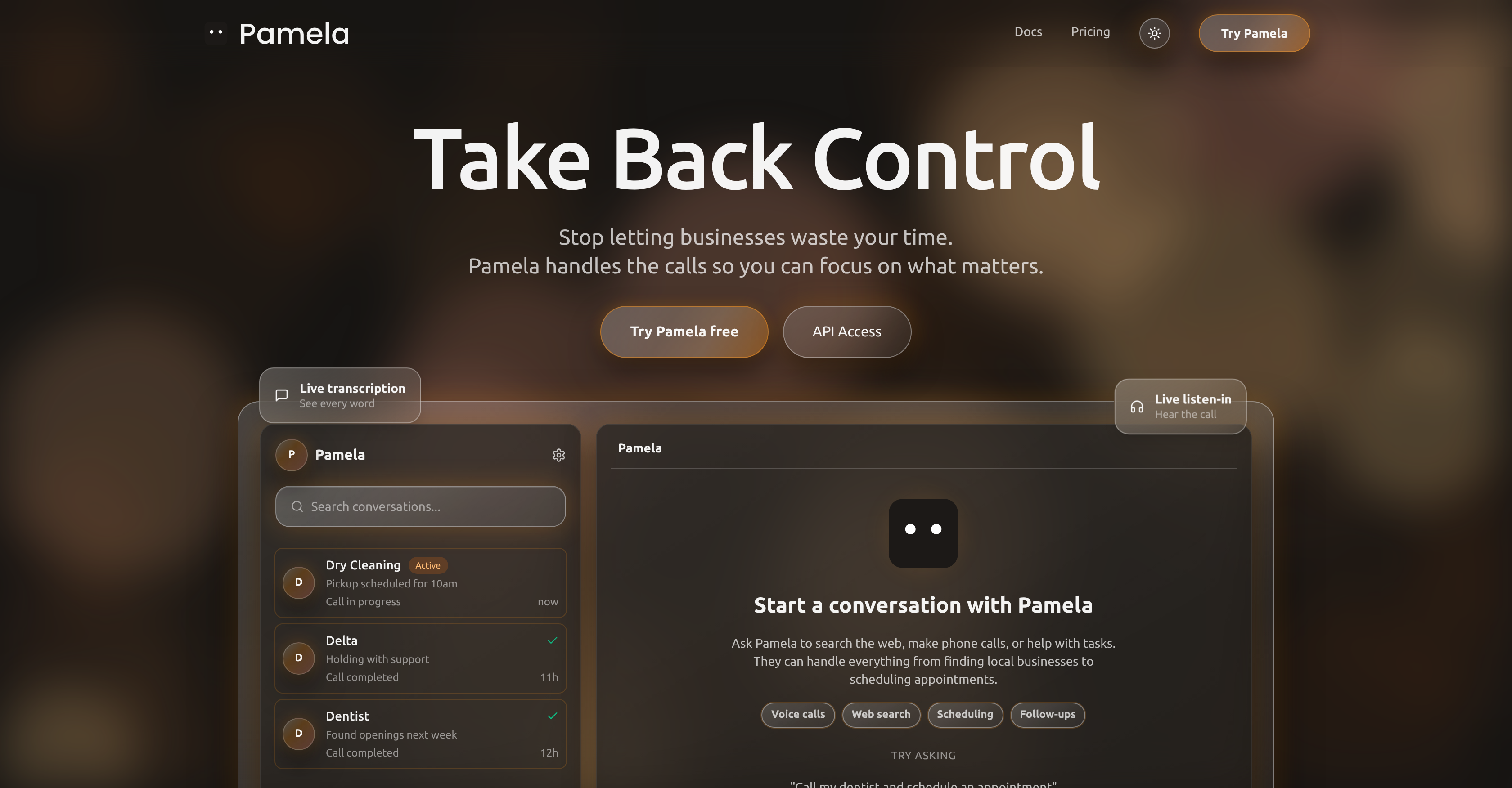 Pamela - Screenshot showing the interface and features of this AI tool