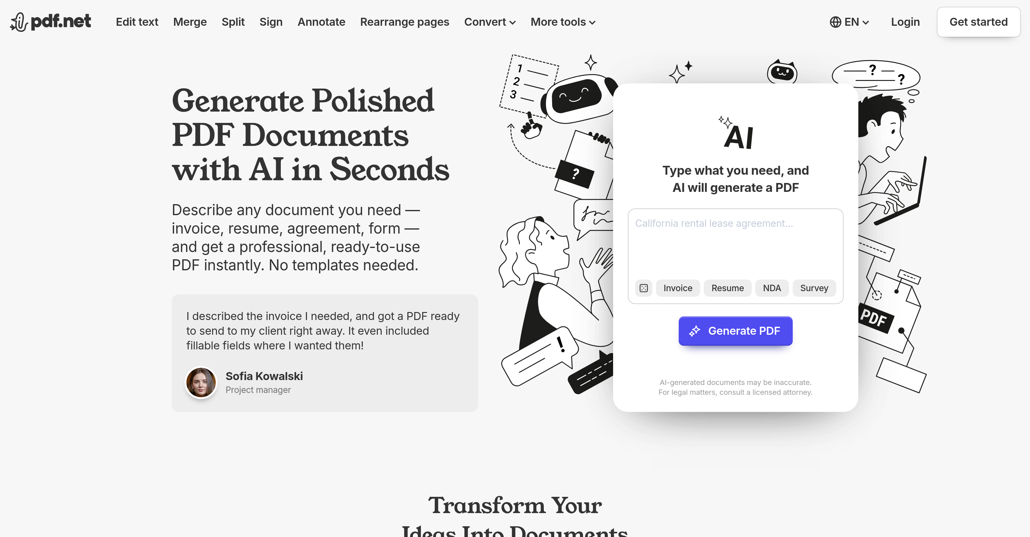 PDF Generator by PDF.net - Screenshot showing the interface and features of this AI tool