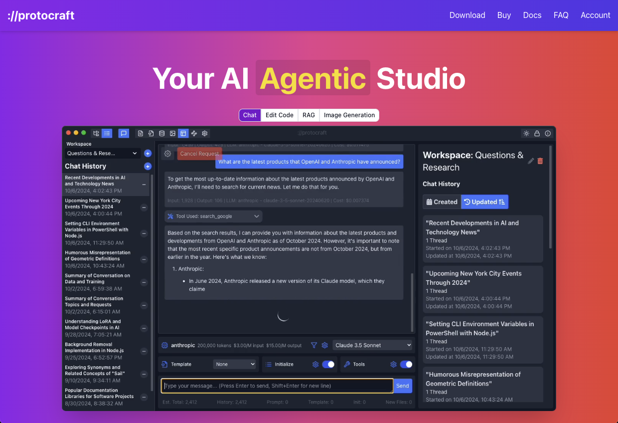 Protocraft AIv3.1.17 - Screenshot showing the interface and features of this AI tool
