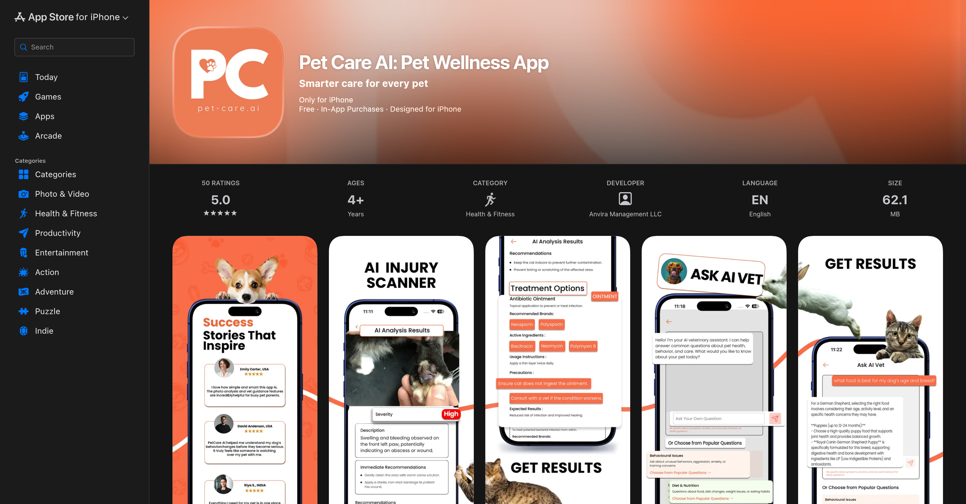 Pet Care AI - Screenshot showing the interface and features of this AI tool
