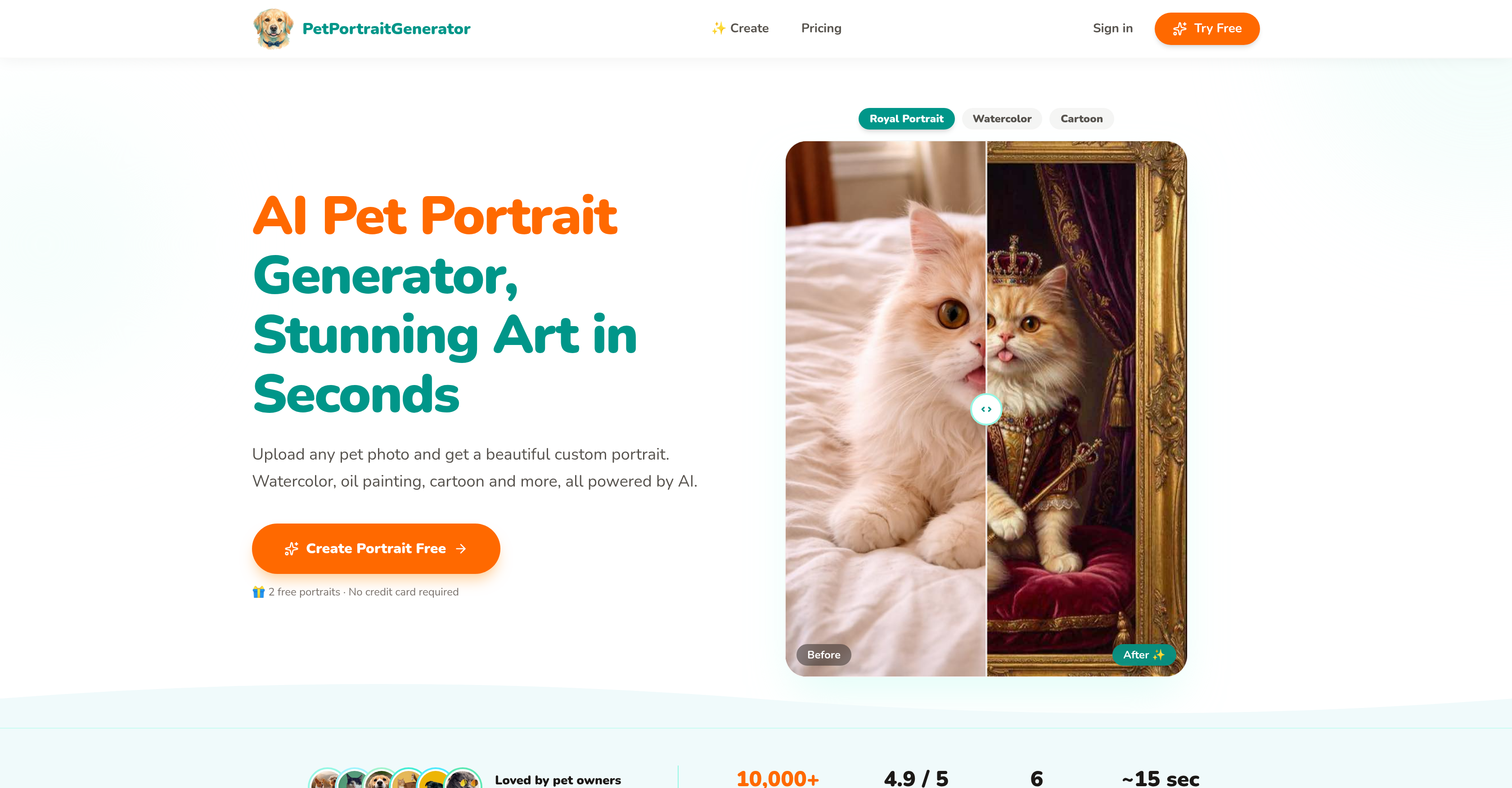 Pet Portrait Generator.com - Screenshot showing the interface and features of this AI tool