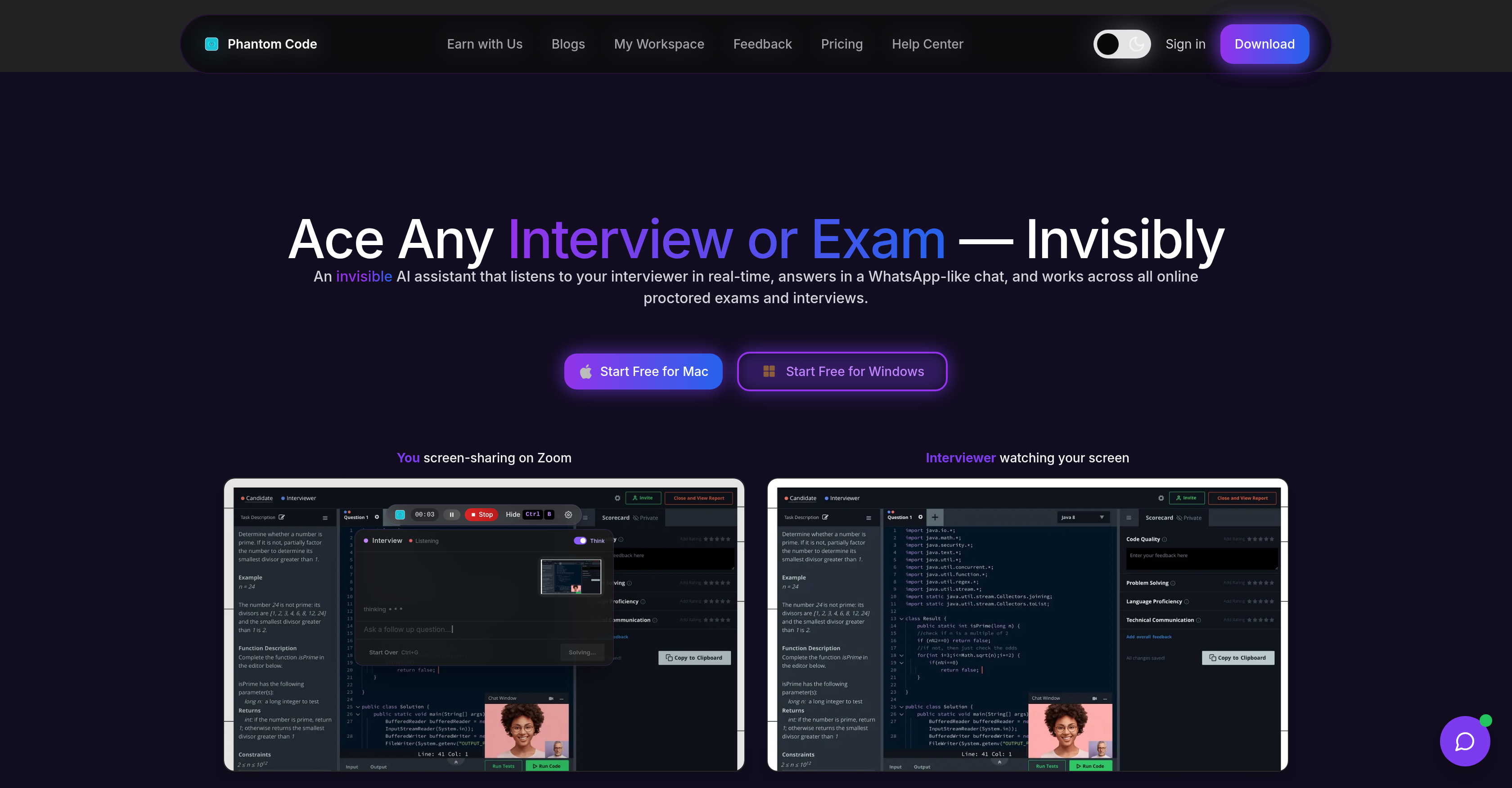 Phantom Code - Screenshot showing the interface and features of this AI tool