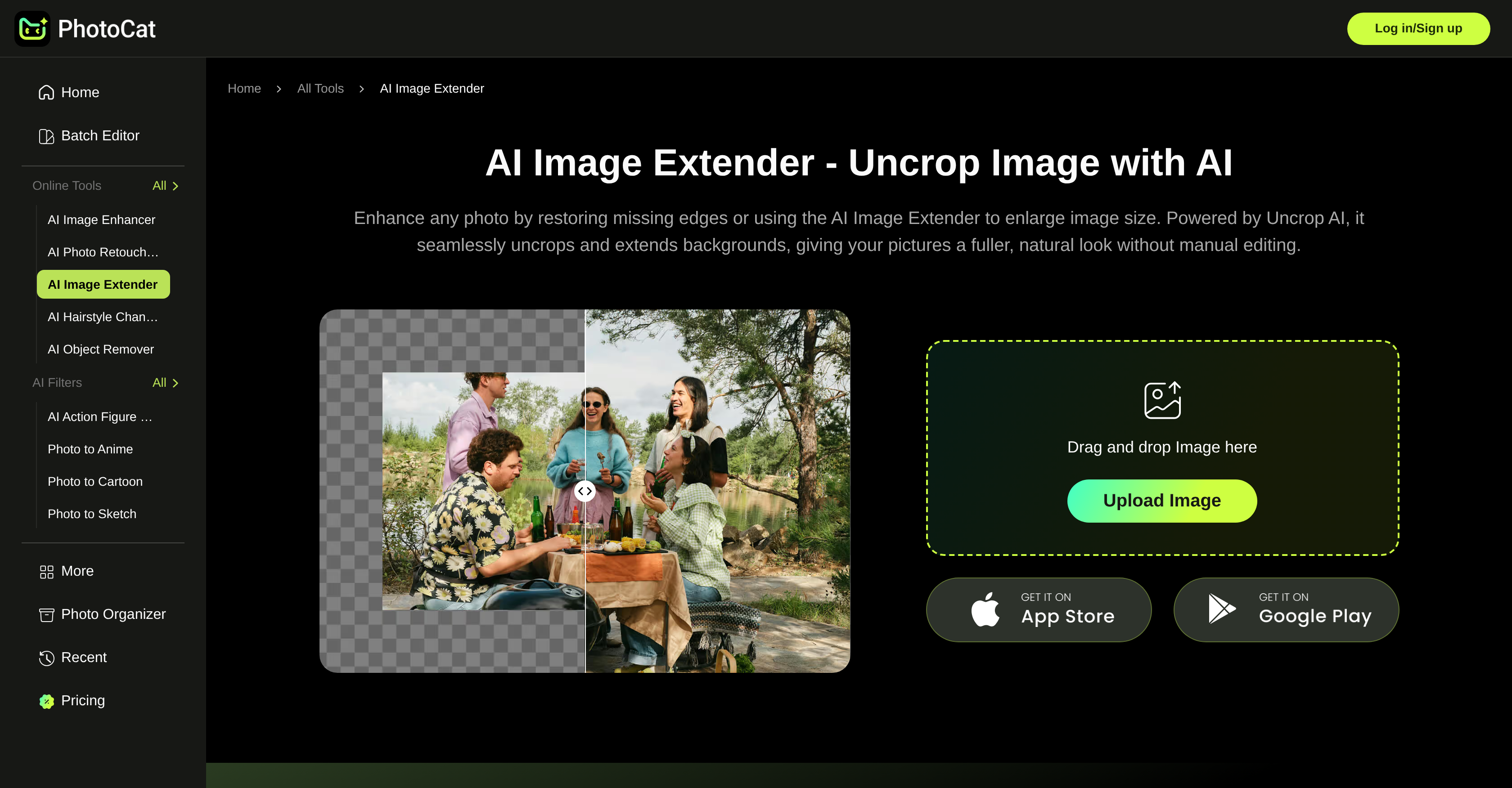 PhotoCat AI Image Extender - Screenshot showing the interface and features of this AI tool