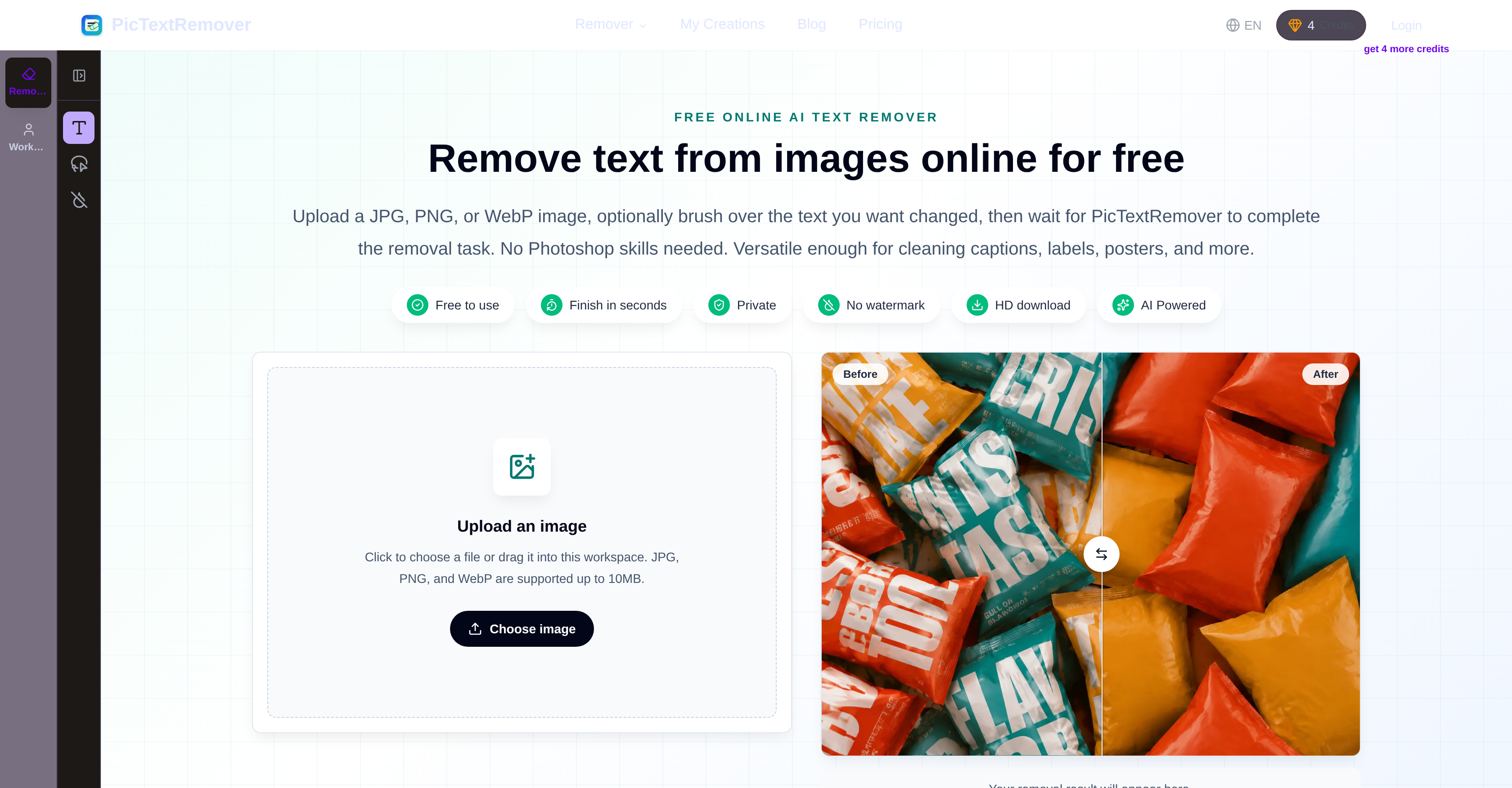 PicTextRemover - Screenshot showing the interface and features of this AI tool