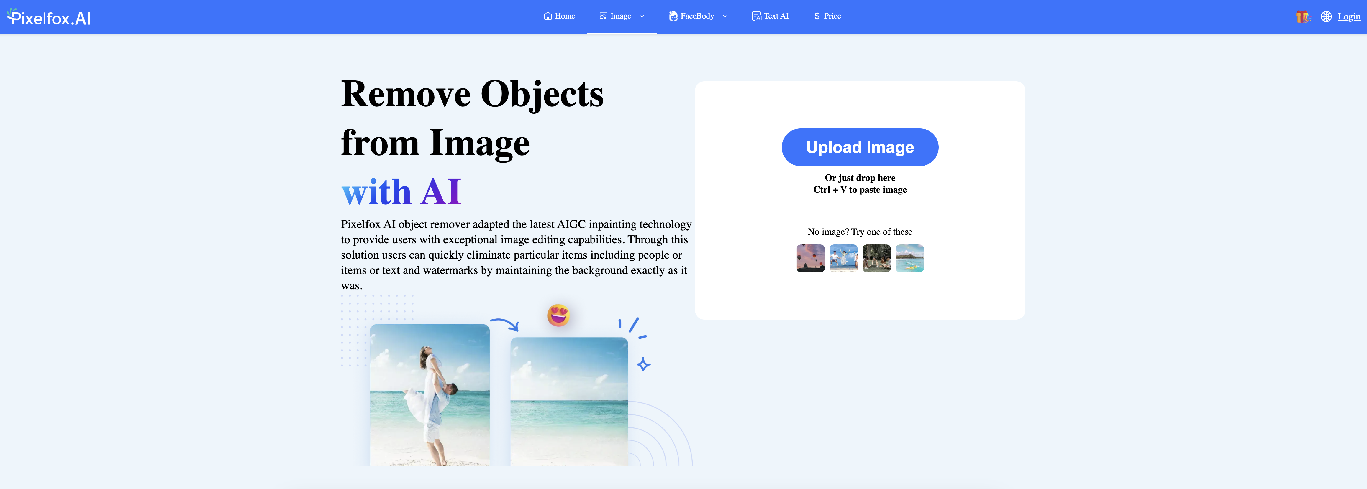 Pixelfox Objects Remover - Screenshot showing the interface and features of this AI tool
