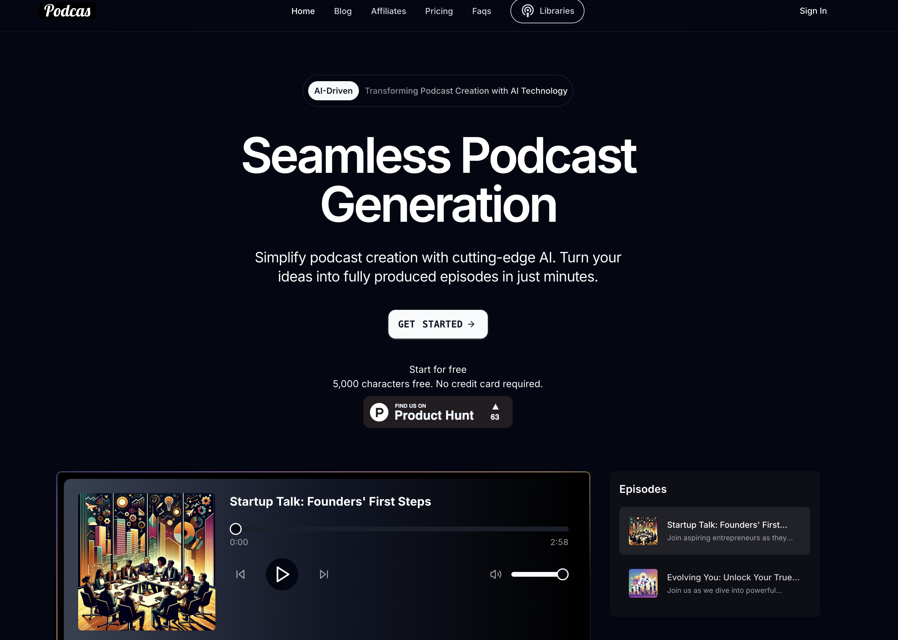 Podcas - Screenshot showing the interface and features of this AI tool