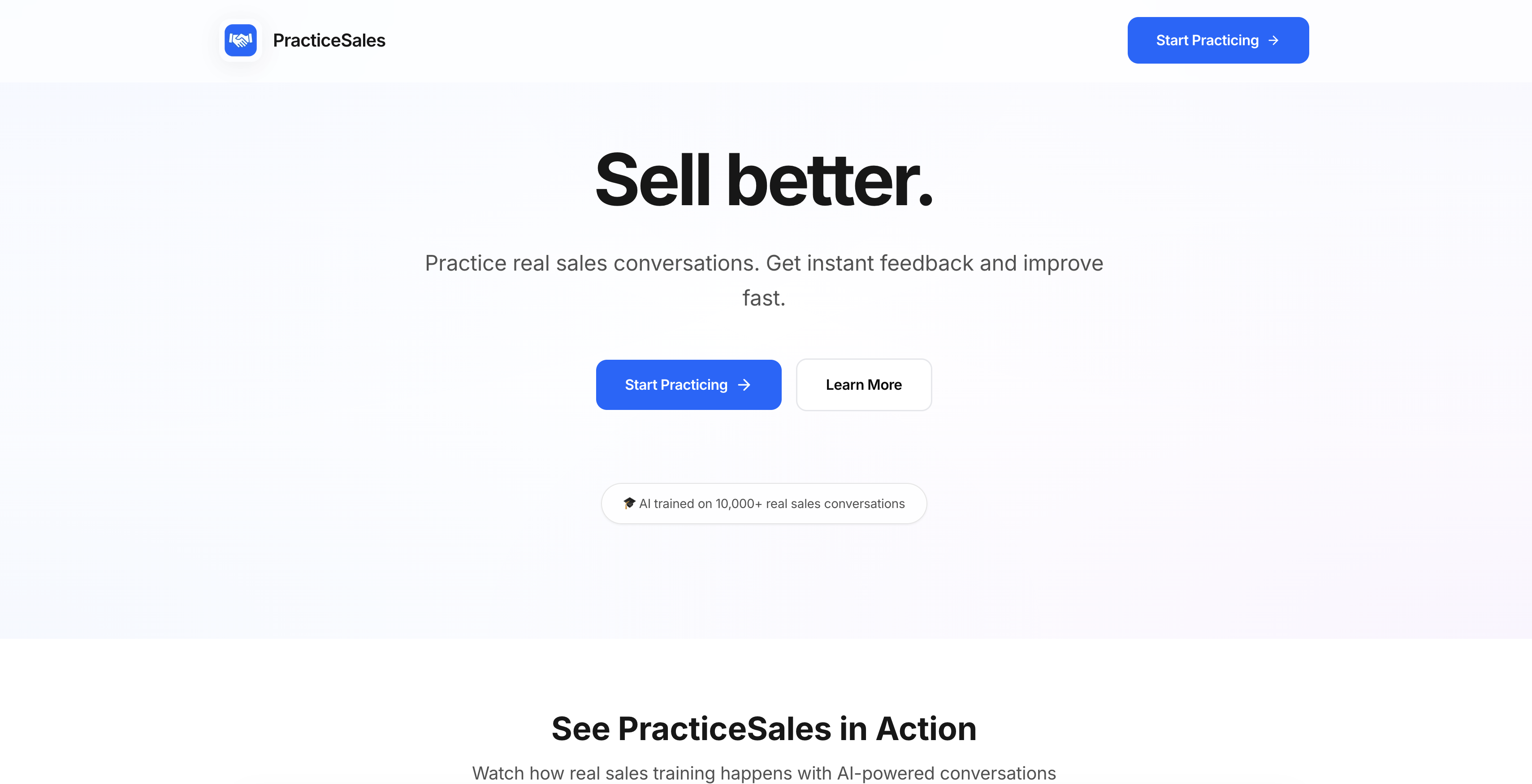 PracticeSales - Screenshot showing the interface and features of this AI tool