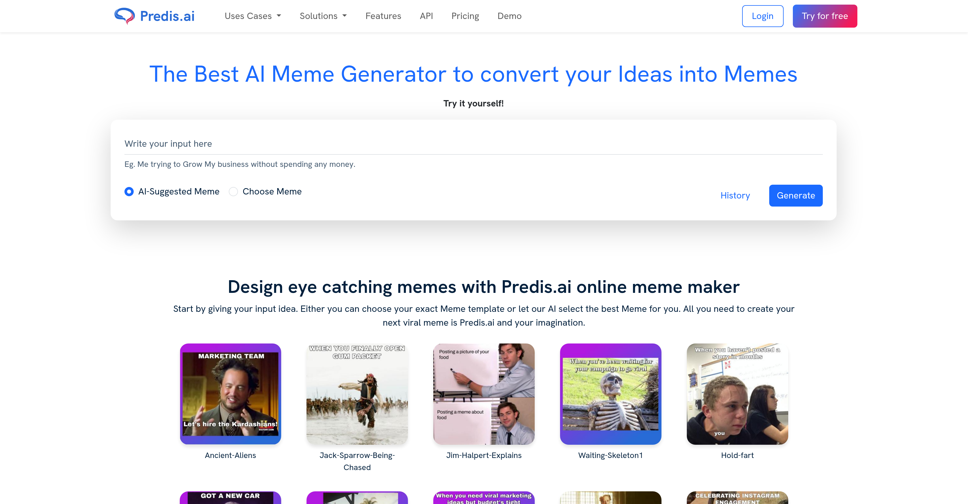 Predis.ai Meme Generator - Screenshot showing the interface and features of this AI tool