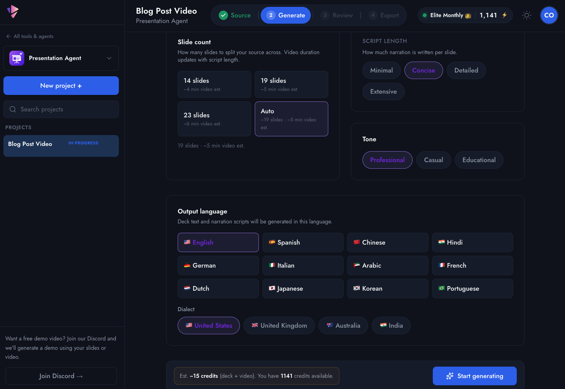 Presentation Agent by Vidsembly - Screenshot showing the interface and features of this AI tool