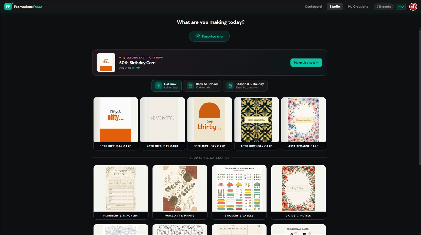 PromptlessPress - Screenshot showing the interface and features of this AI tool