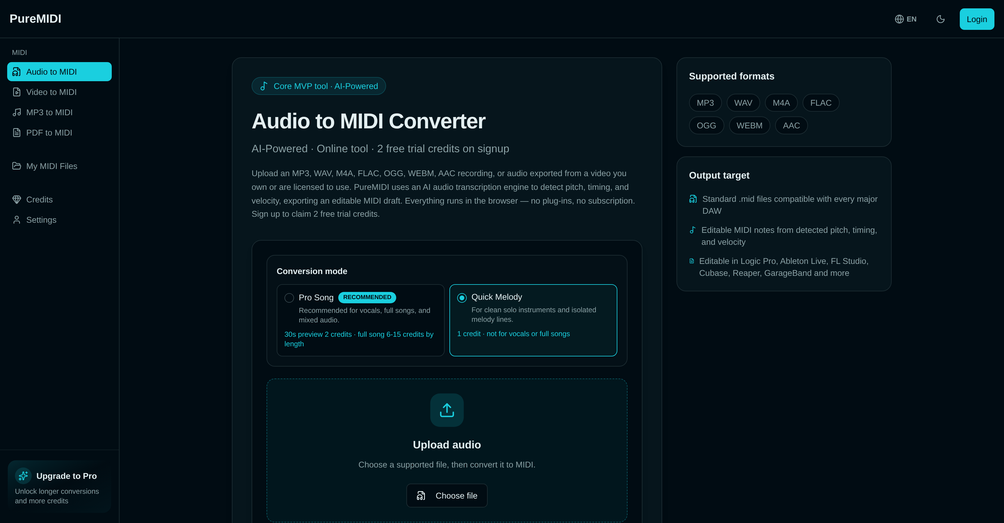 PureMIDI | Audio to MIDI - Screenshot showing the interface and features of this AI tool