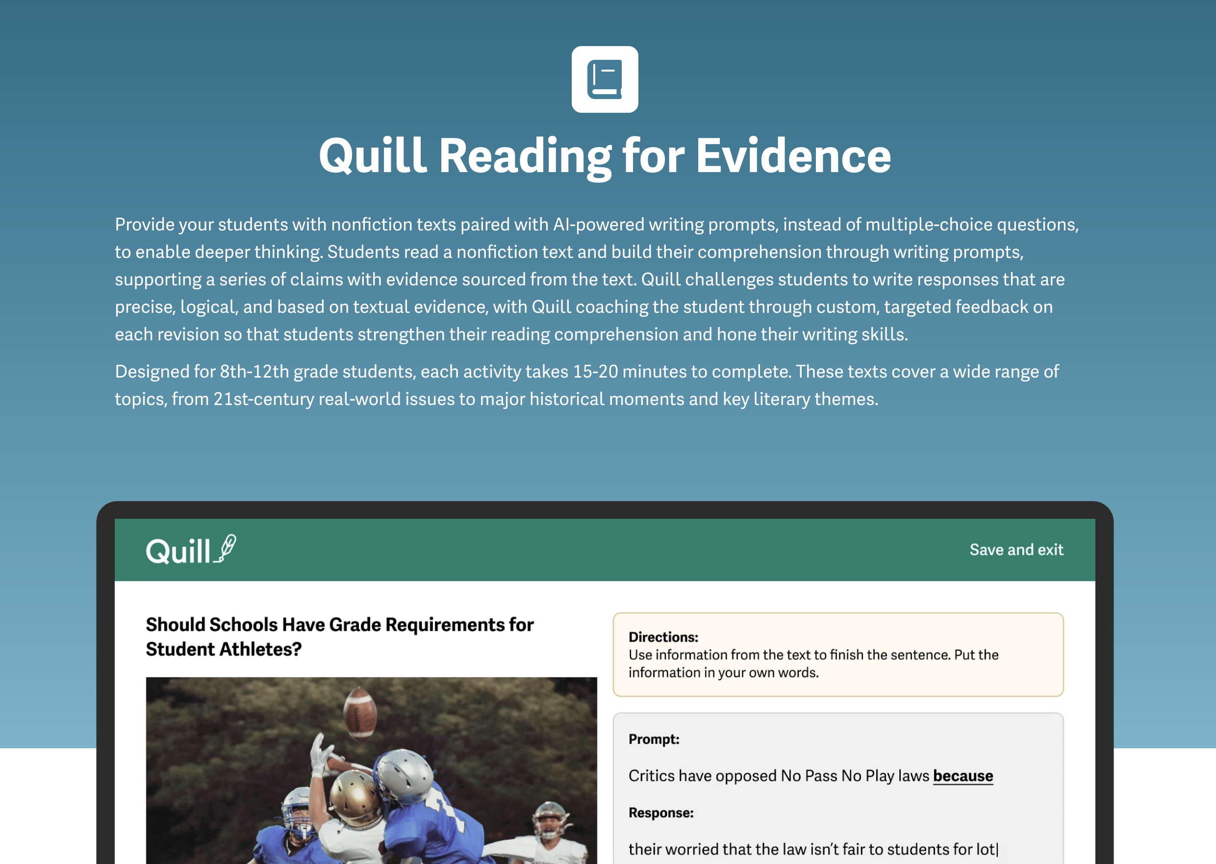 Quill Reading for Evidence - Screenshot showing the interface and features of this AI tool