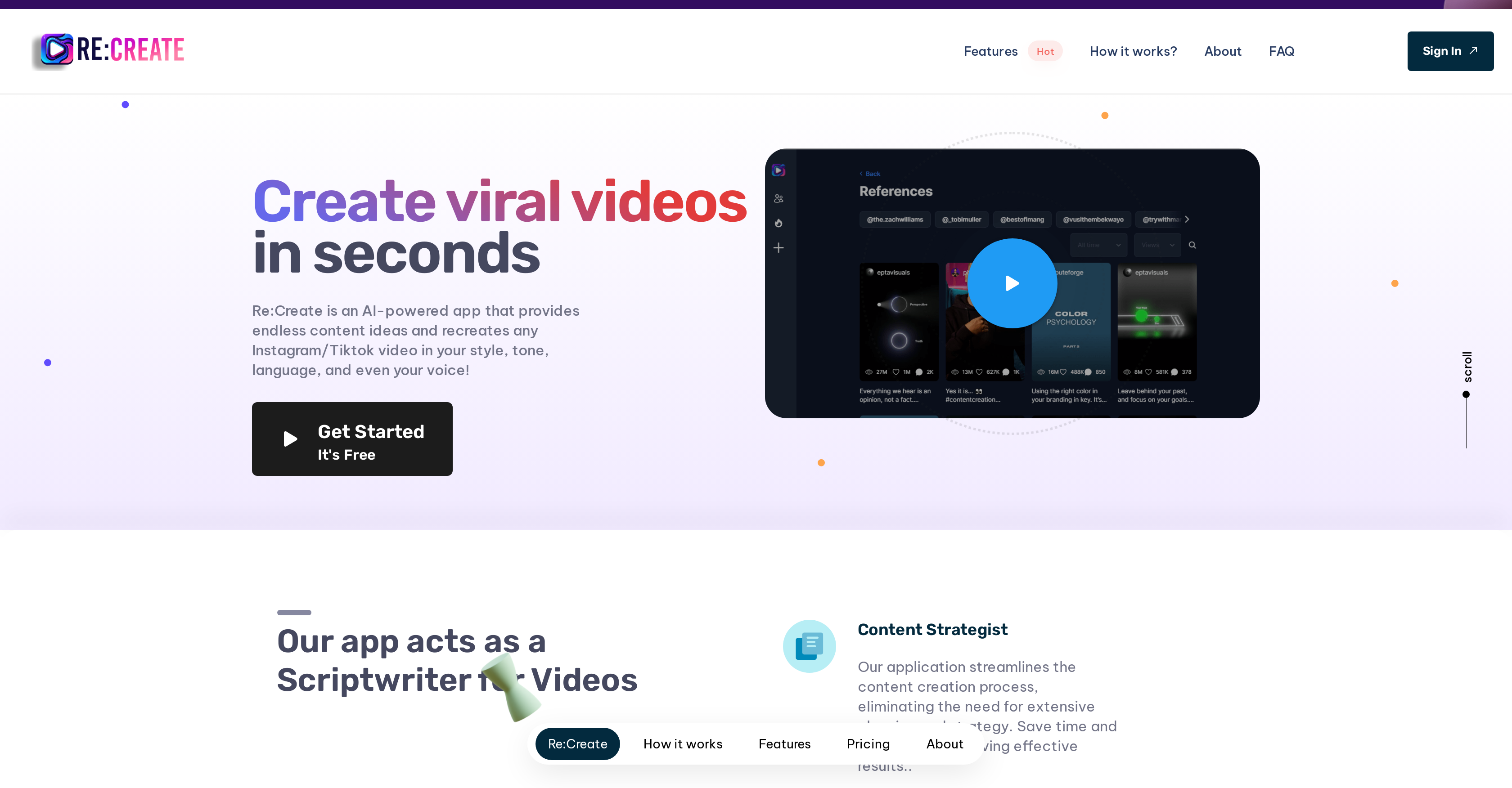 RE:Create Video - Screenshot showing the interface and features of this AI tool