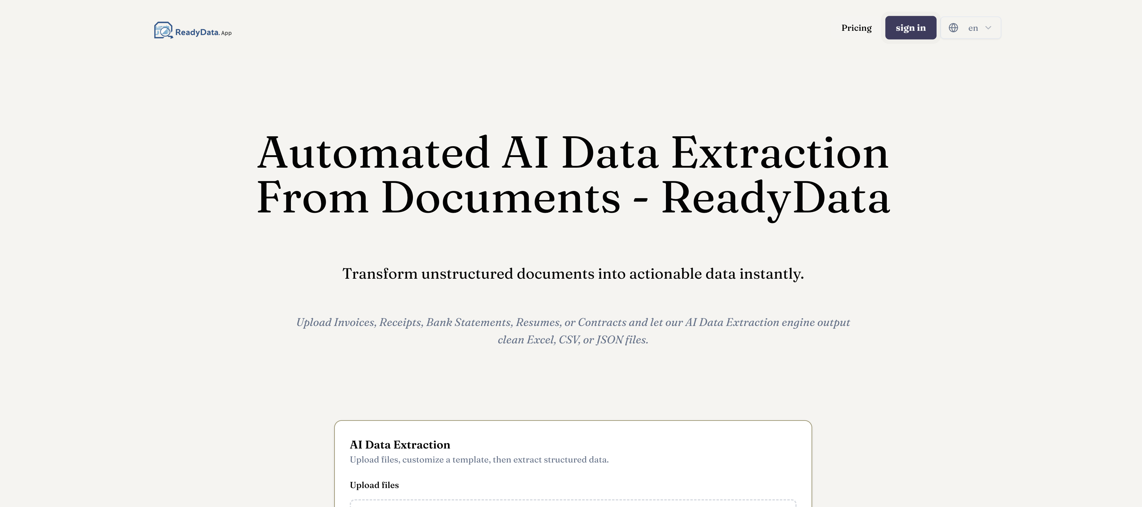 ReadyData - AI Data Extraction - Screenshot showing the interface and features of this AI tool