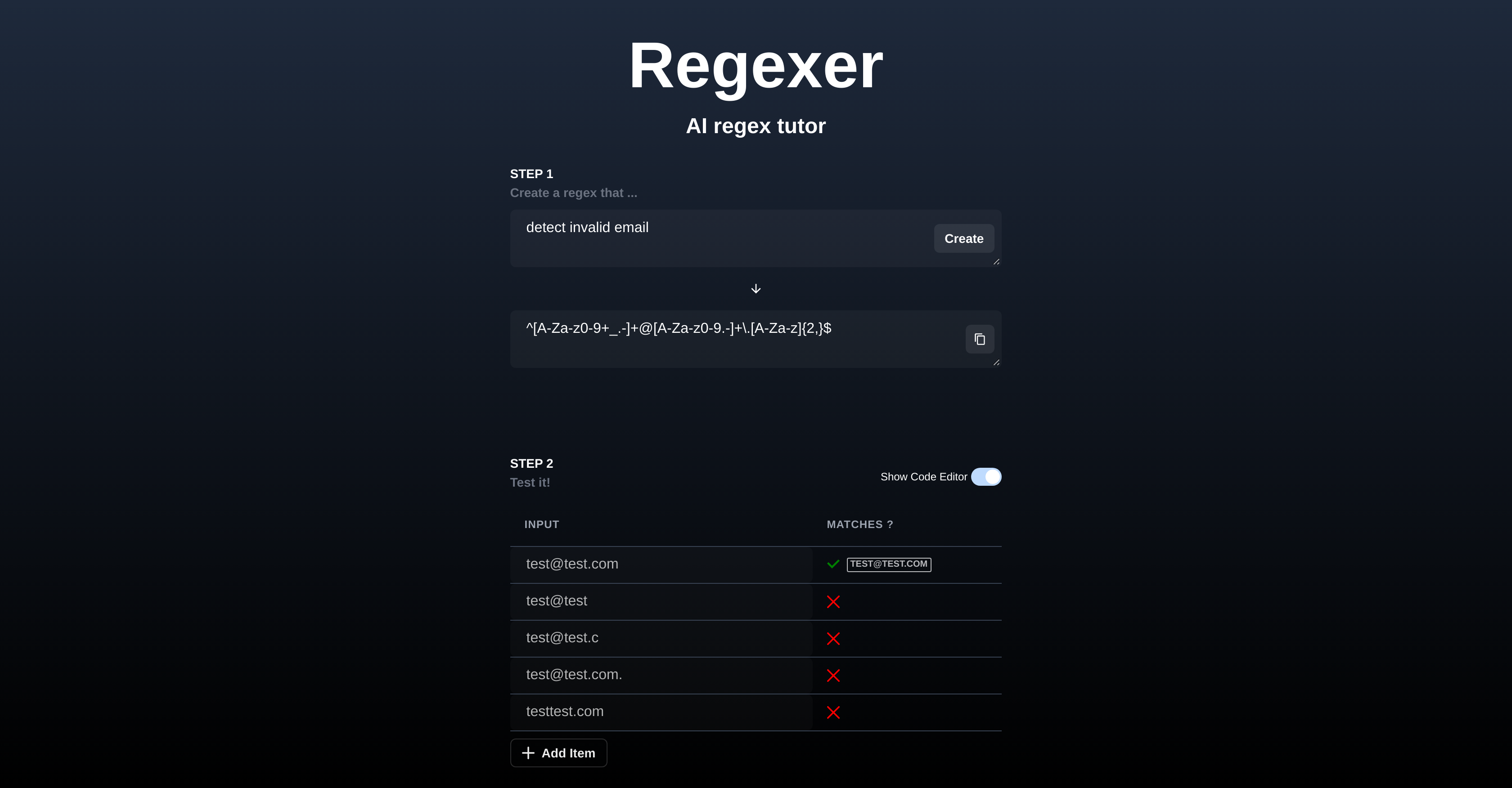 Regexer - Screenshot showing the interface and features of this AI tool