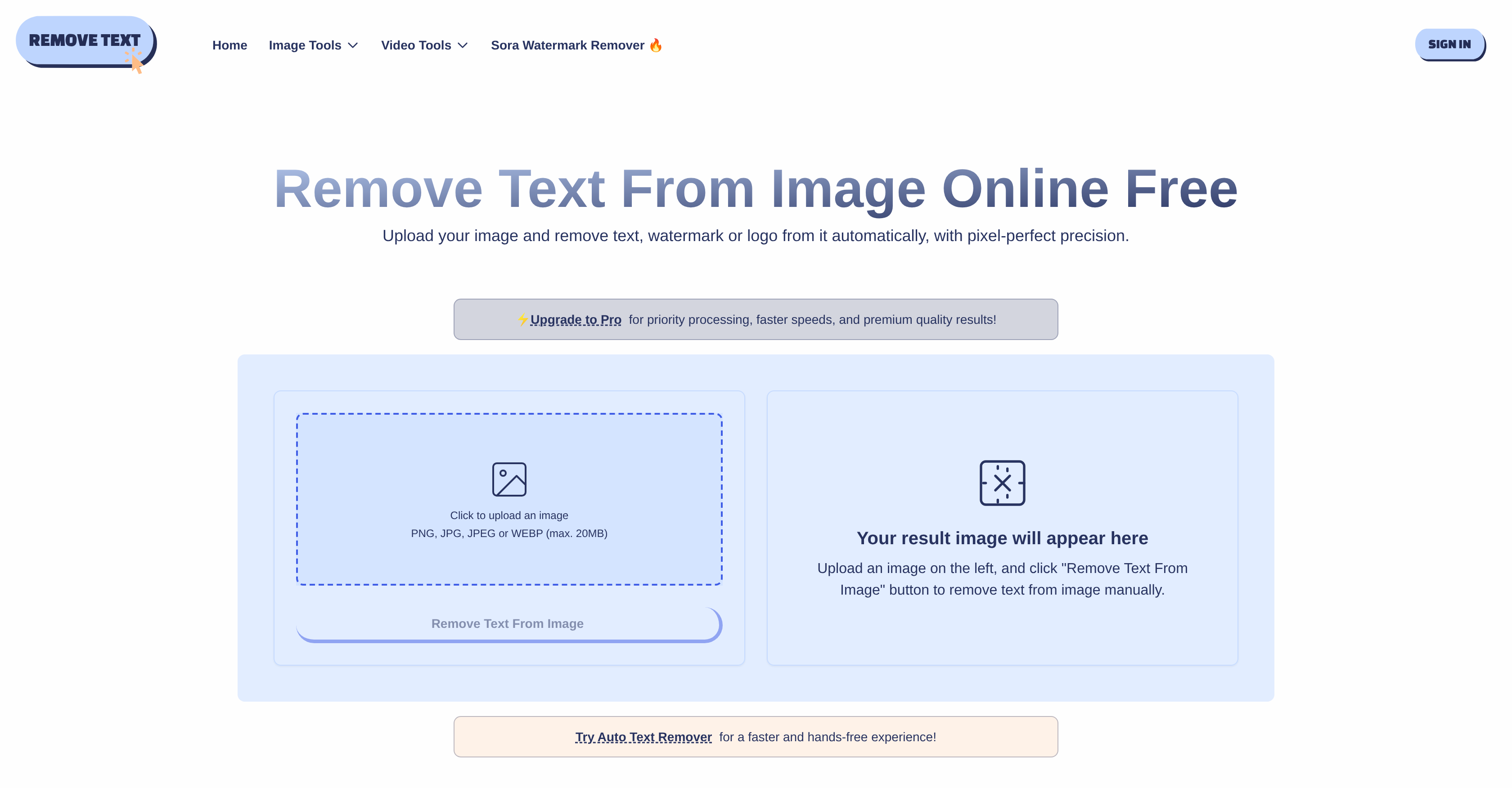 RemoveText.Net - Screenshot showing the interface and features of this AI tool